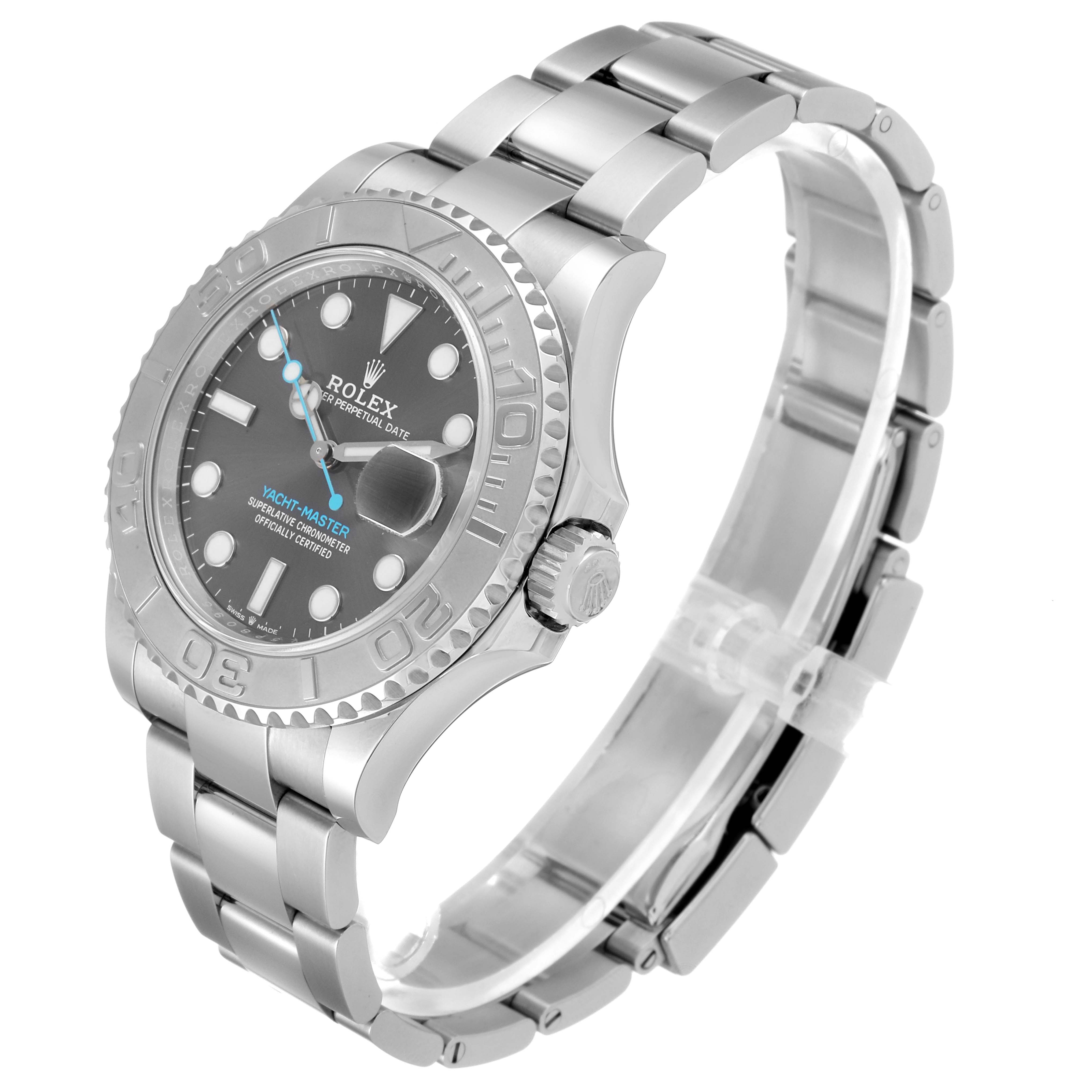 The image shows a side angle of the Rolex Yacht-Master 116622 Men's Stainless Steel Grey Dial 116622 Men's Stainless Steel Grey Dial watch, highlighting the face, bezel, and bracelet.