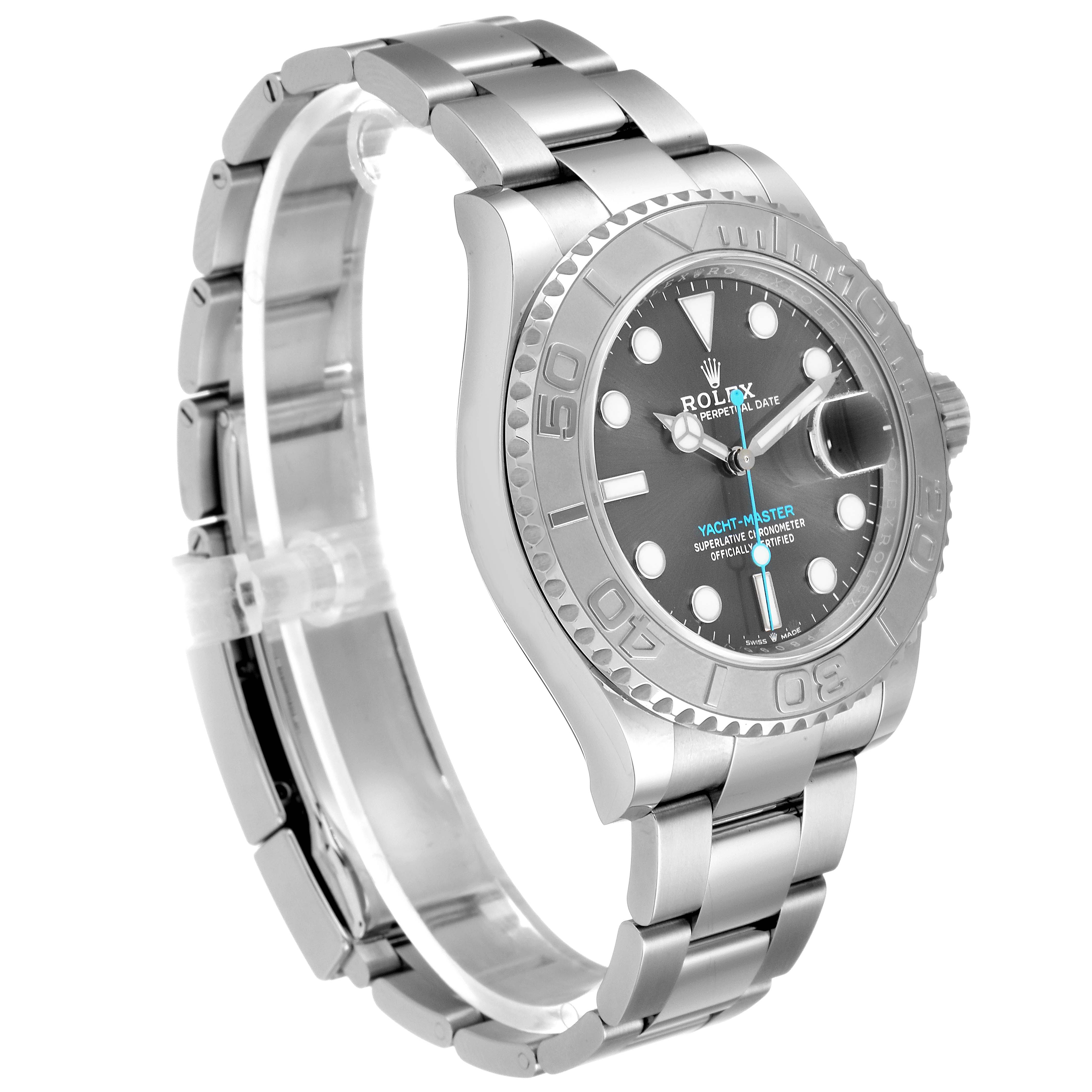 The image shows a side-angle view of the Rolex Yacht-Master 116622 Men's Stainless Steel Grey Dial 116622 Men's Stainless Steel Grey Dial watch, highlighting the case, bezel, bracelet, and dial.