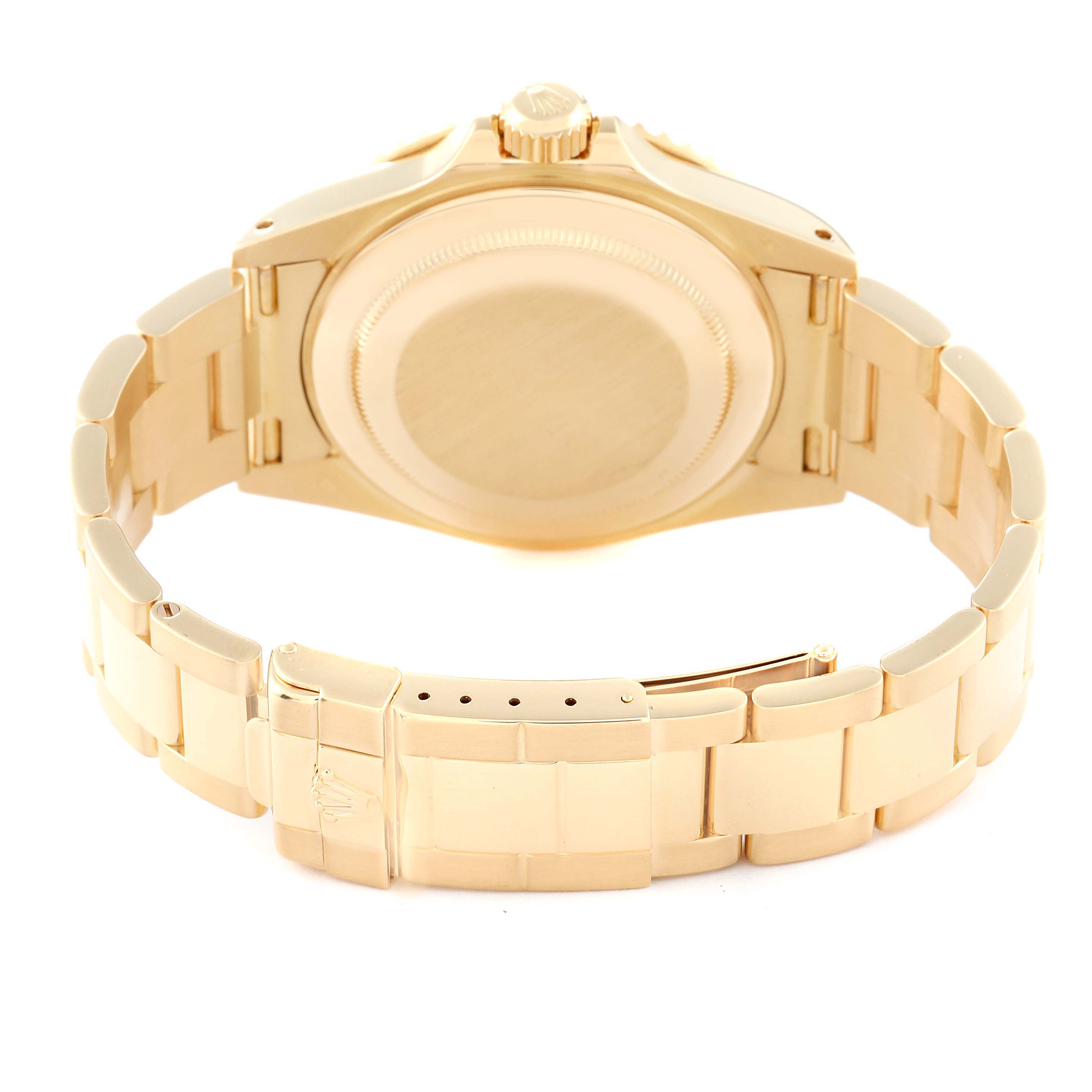 This image shows the back view of the Rolex Yacht-Master 16628NGS Men's Yellow Gold Mother of Pearl Dial 16628NGS Men's Yellow Gold Mother of Pearl Dial watch, displaying the case back and part of the bracelet.