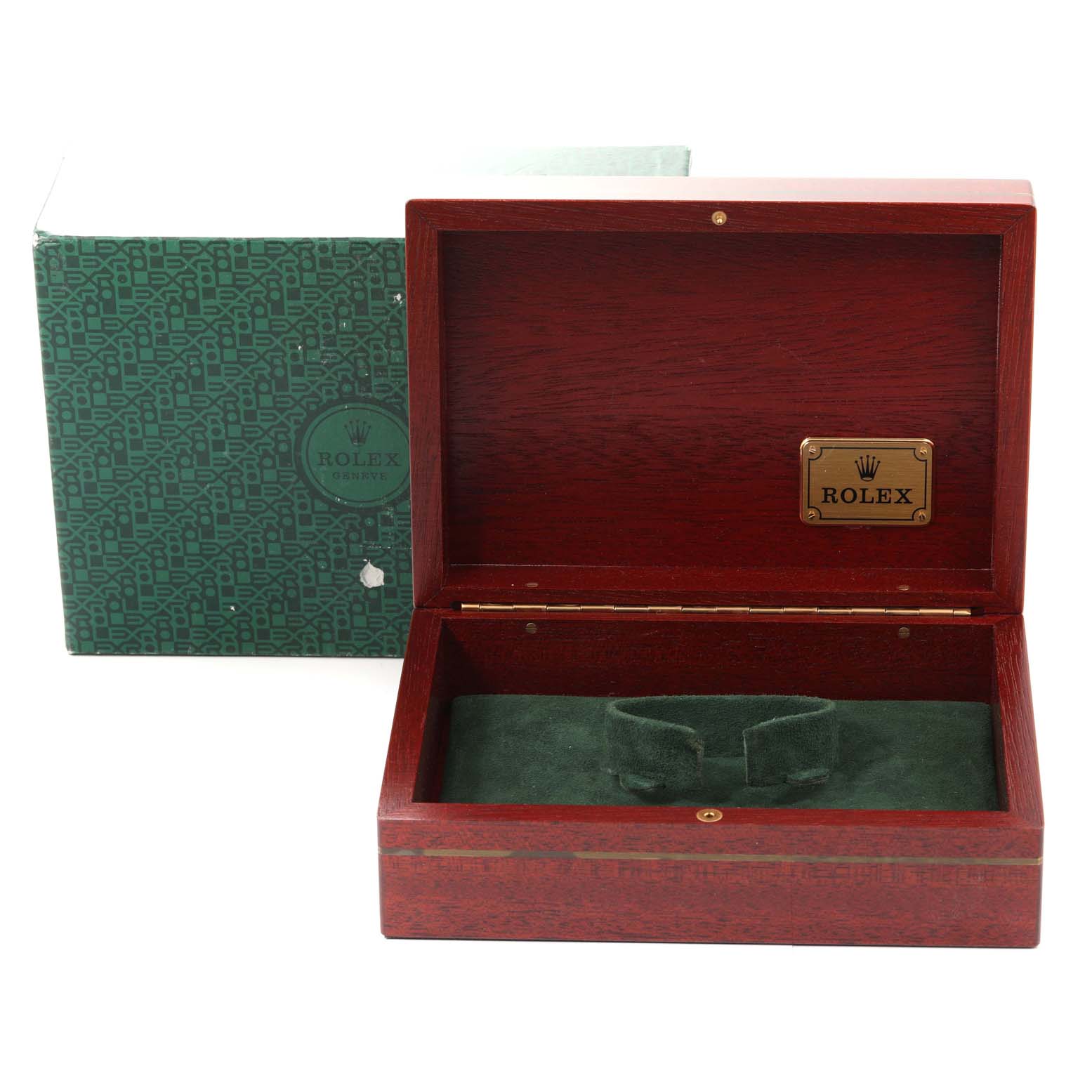This image shows the opened presentation box and outer packaging for a Rolex Yacht-Master 16628NGS Men's Yellow Gold Mother of Pearl Dial 16628NGS Men's Yellow Gold Mother of Pearl Dial watch.