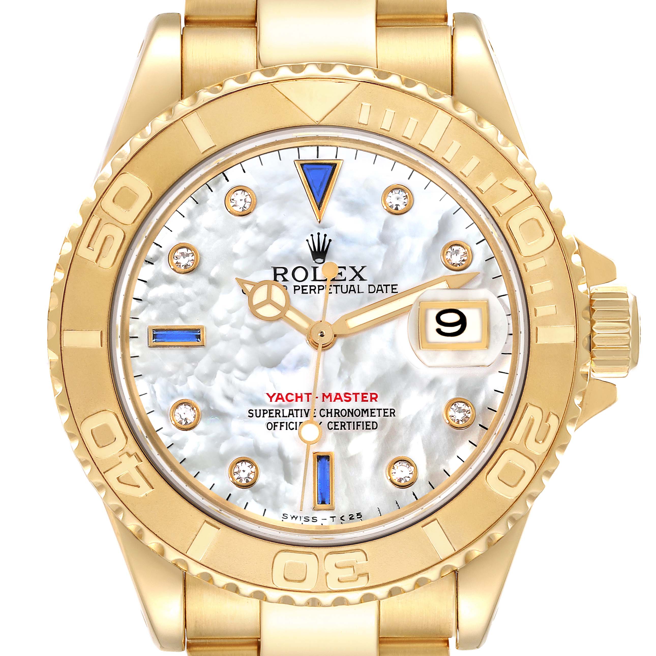 The image shows a front view of a Rolex Yacht-Master 16628NGS Men's Yellow Gold Mother of Pearl Dial 16628NGS Men's Yellow Gold Mother of Pearl Dial watch, highlighting the dial, bezel, and part of the bracelet.