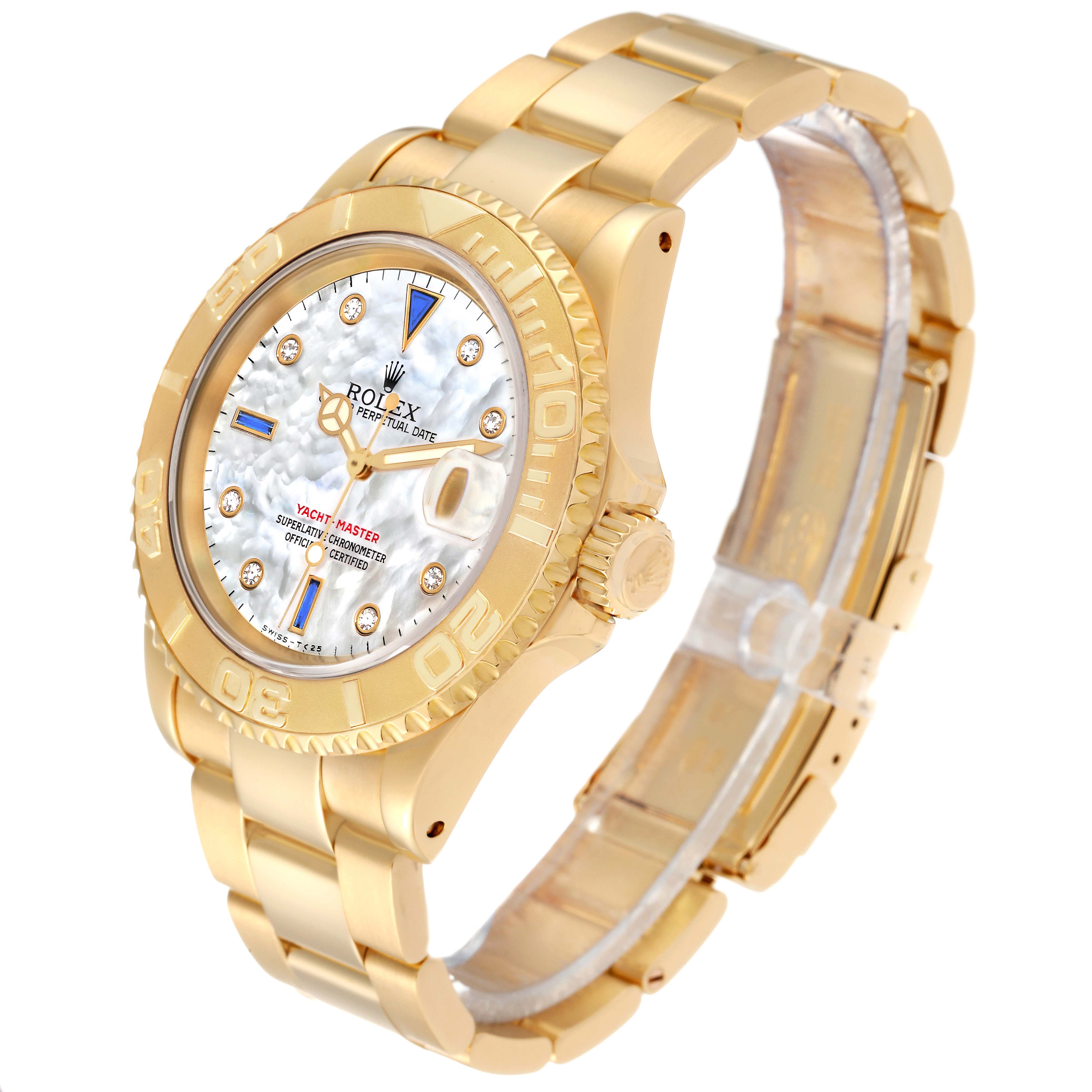 This Rolex Yacht-Master 16628NGS Men's Yellow Gold Mother of Pearl Dial 16628NGS Men's Yellow Gold Mother of Pearl Dial watch is shown at a slight angle, displaying its dial, bezel, crown, and bracelet.