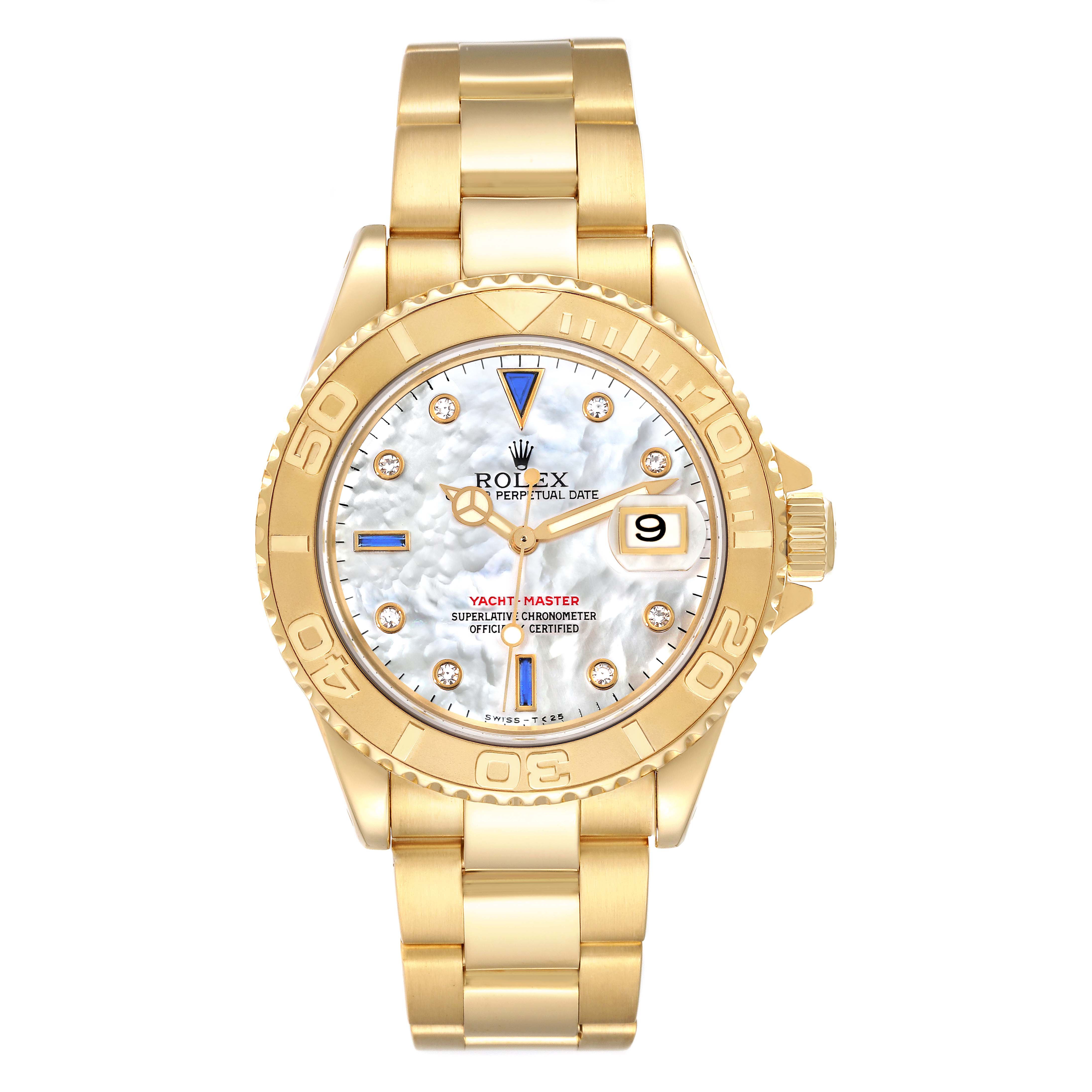 This image shows a frontal view of a Rolex Yacht-Master 16628NGS Men's Yellow Gold Mother of Pearl Dial 16628NGS Men's Yellow Gold Mother of Pearl Dial watch, featuring the dial, bezel, bracelet, and crown.