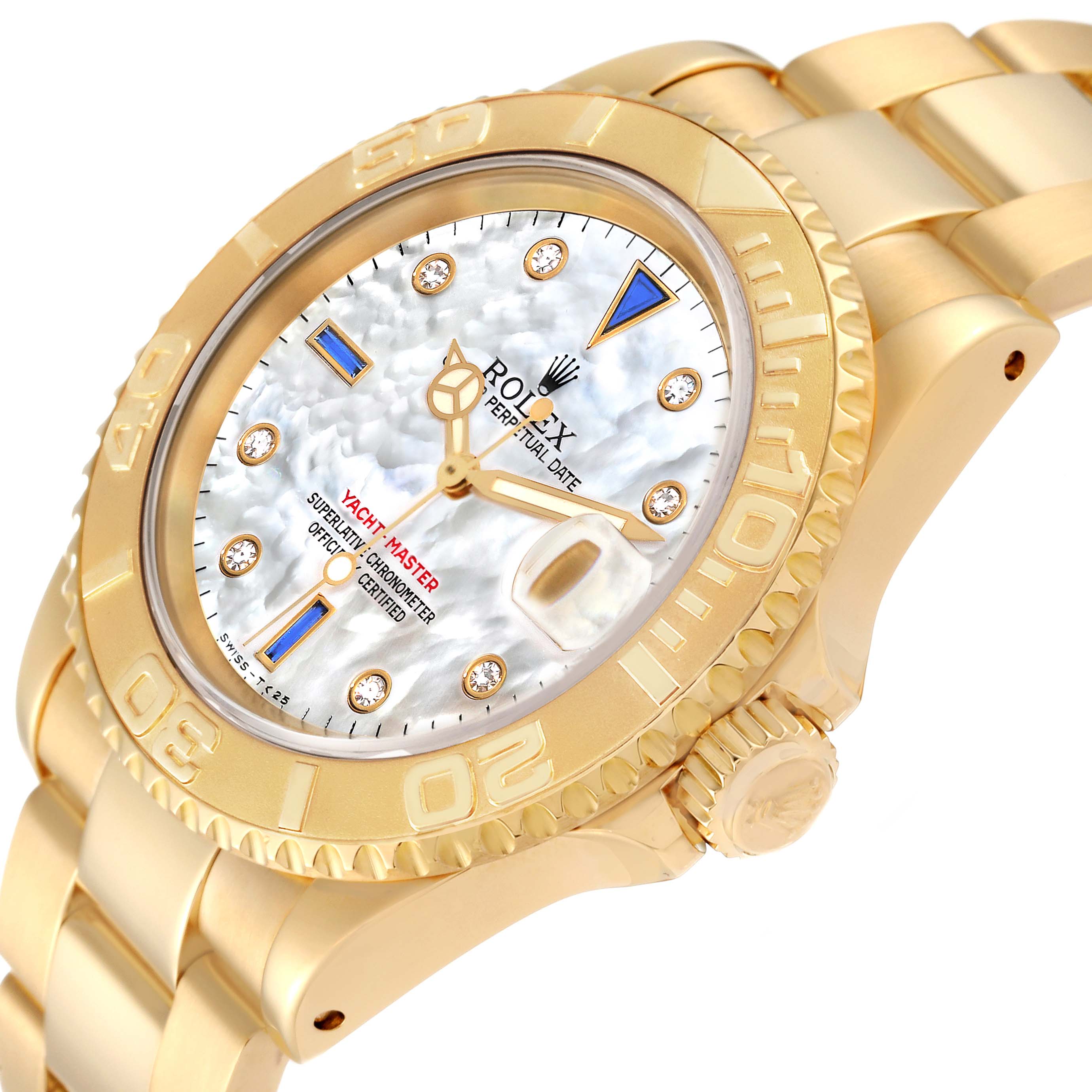 The image shows a Rolex Yacht-Master 16628NGS Men's Yellow Gold Mother of Pearl Dial 16628NGS Men's Yellow Gold Mother of Pearl Dial watch at an angled close-up, highlighting the bezel, dial, bracelet, and crown.