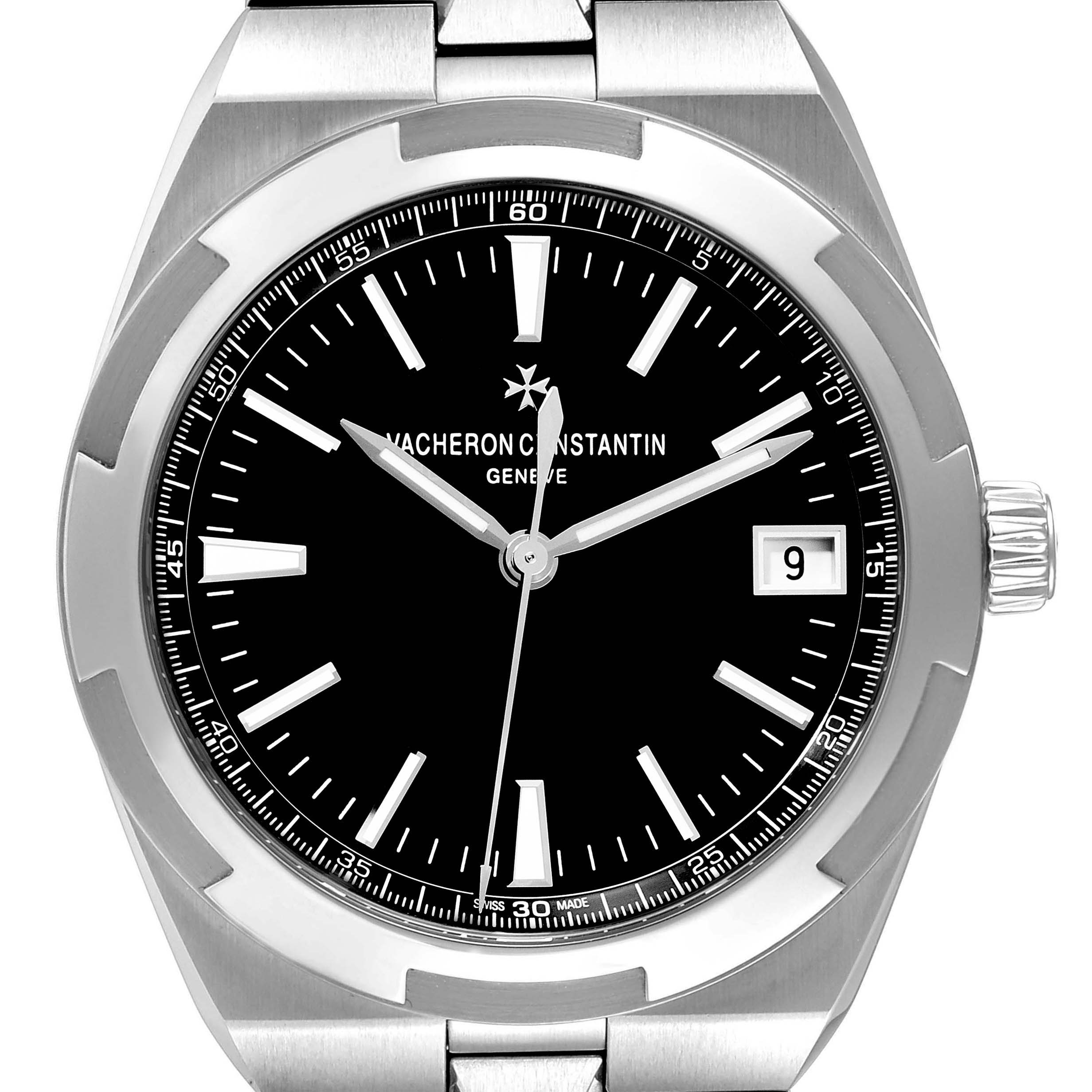 The image shows a front view of the dial and bezel of a Vacheron Constantin Overseas 4500V/110A-B483 Men's Stainless Steel Black Dial 4500V/110A-B483 Men's Stainless Steel Black Dial watch.