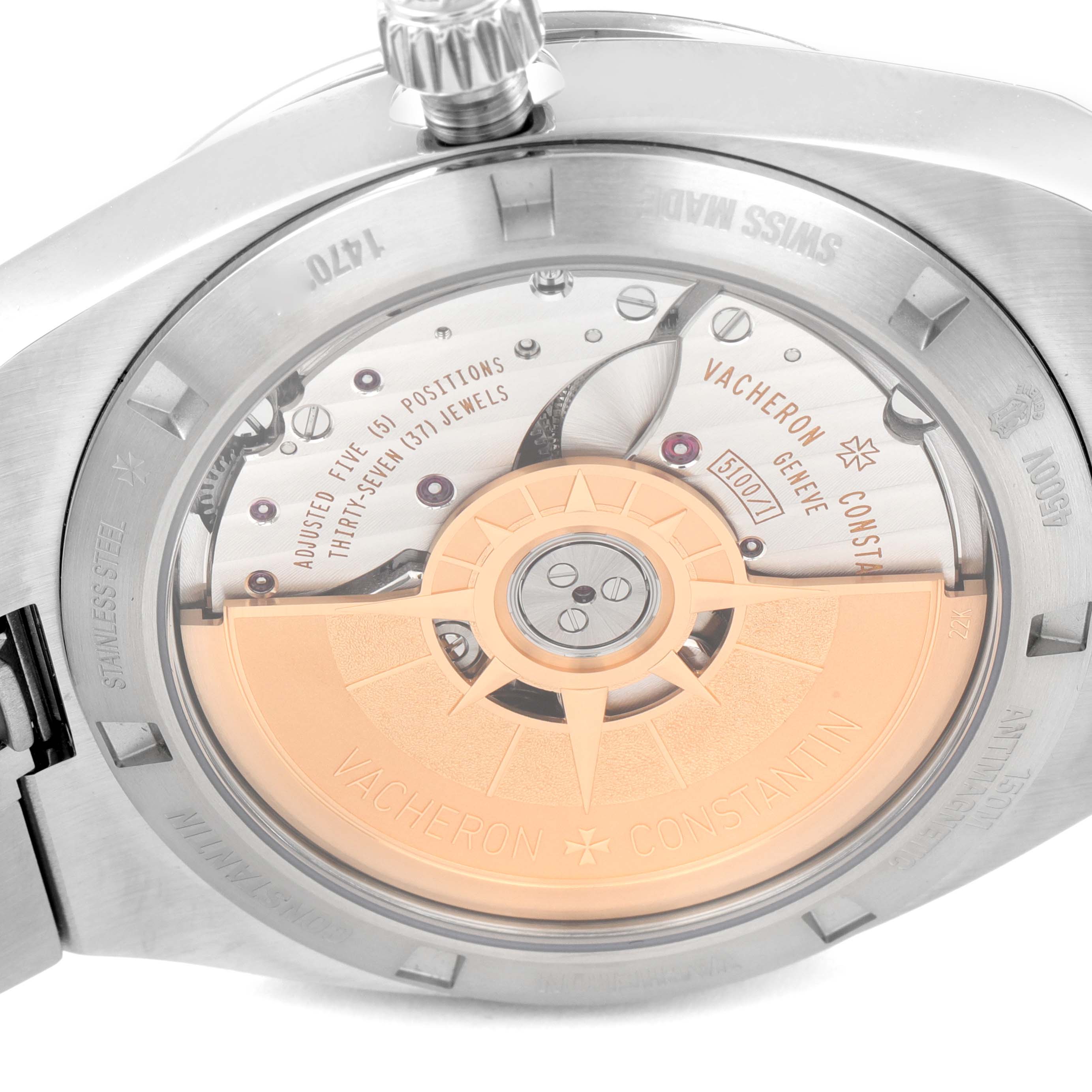 This image shows the back view of the Vacheron Constantin Overseas 4500V/110A-B483 Men's Stainless Steel Black Dial 4500V/110A-B483 Men's Stainless Steel Black Dial model, showcasing the movement and rotor through the transparent case back.