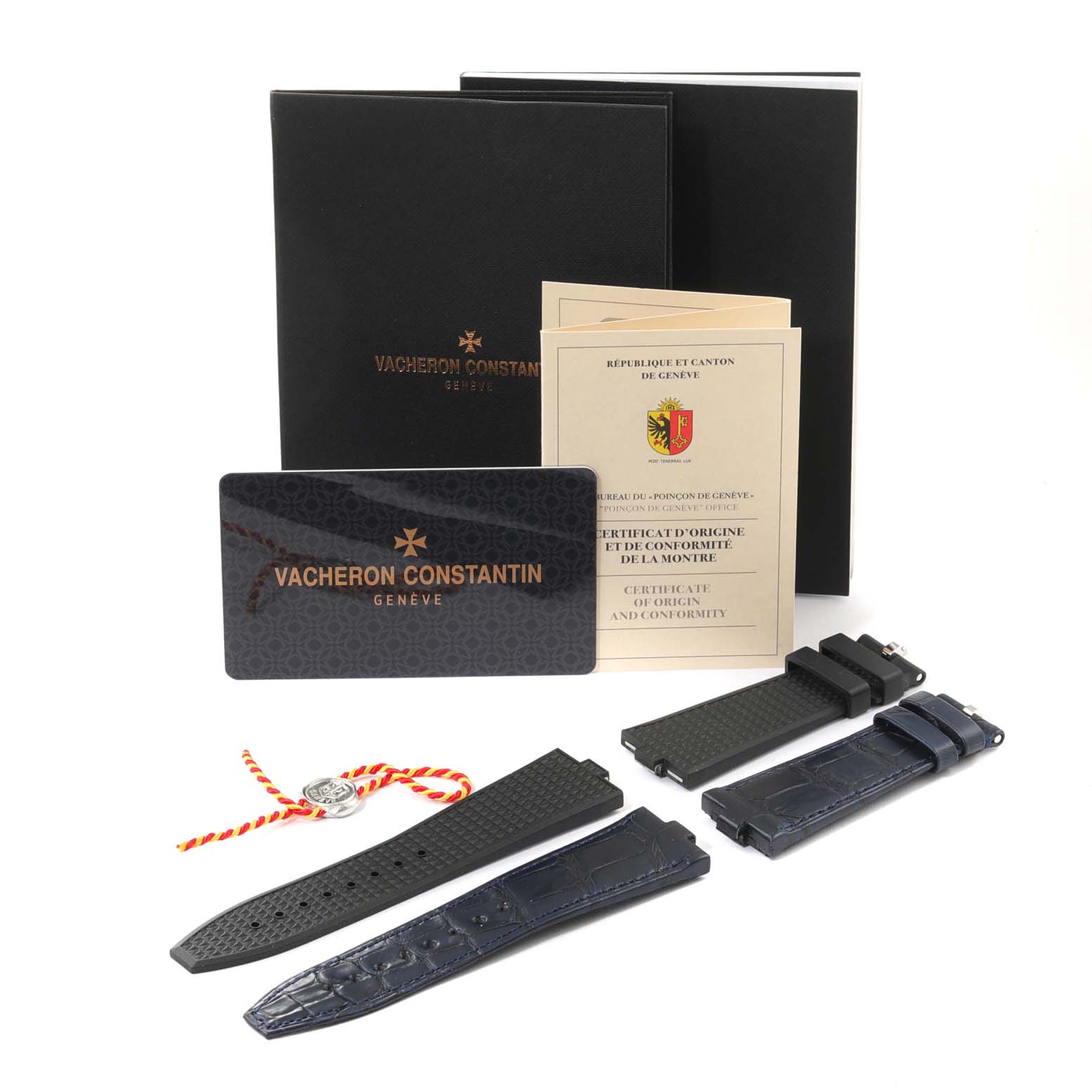 The image shows Vacheron Constantin Overseas 4500V/110A-B483 Men's Stainless Steel Black Dial 4500V/110A-B483 Men's Stainless Steel Black Dial watch accessories, booklets, straps, and a certificate from a top view.