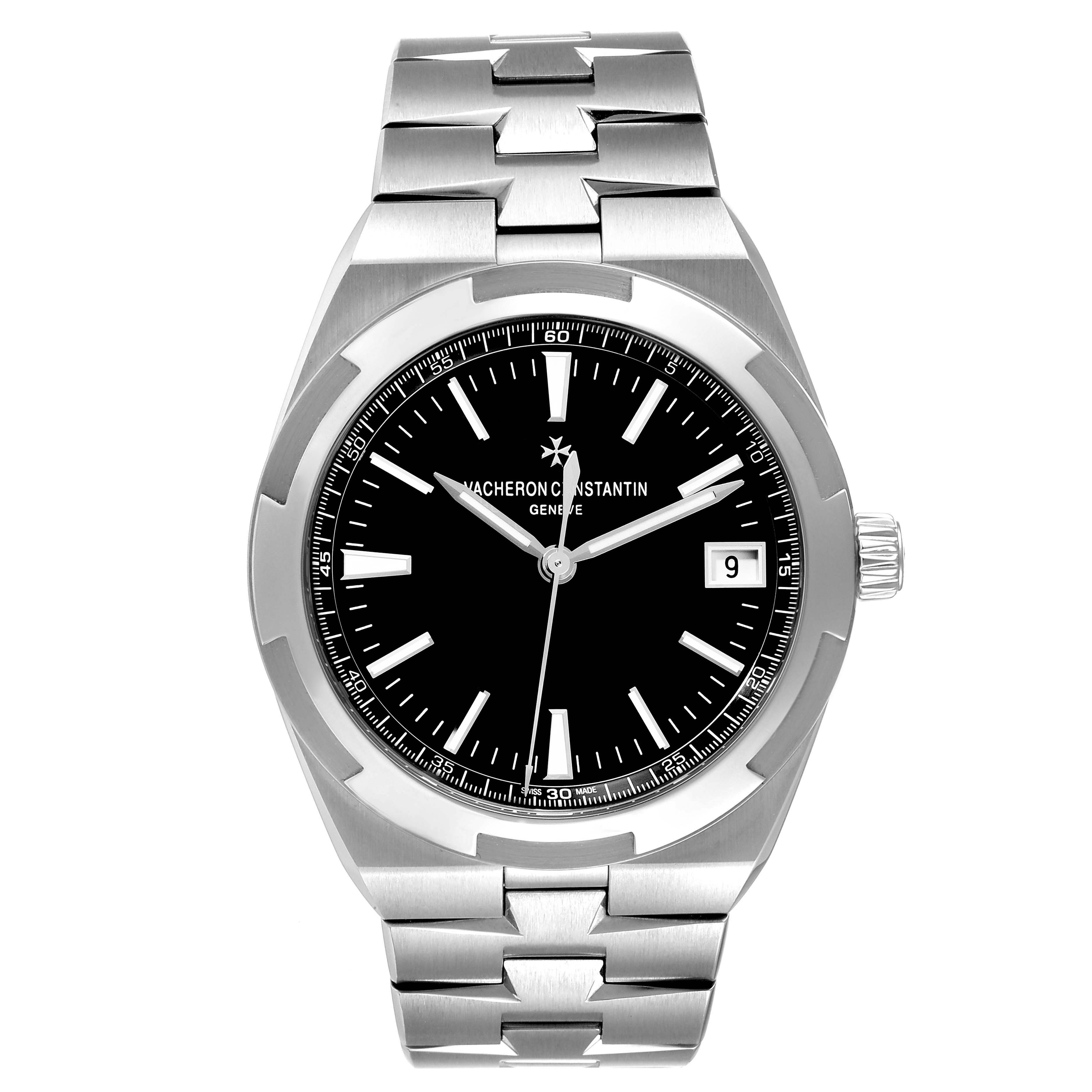 This image shows a Vacheron Constantin Overseas 4500V/110A-B483 Men's Stainless Steel Black Dial 4500V/110A-B483 Men's Stainless Steel Black Dial watch from a front angle, highlighting its dial, hands, bracelet, and date window.