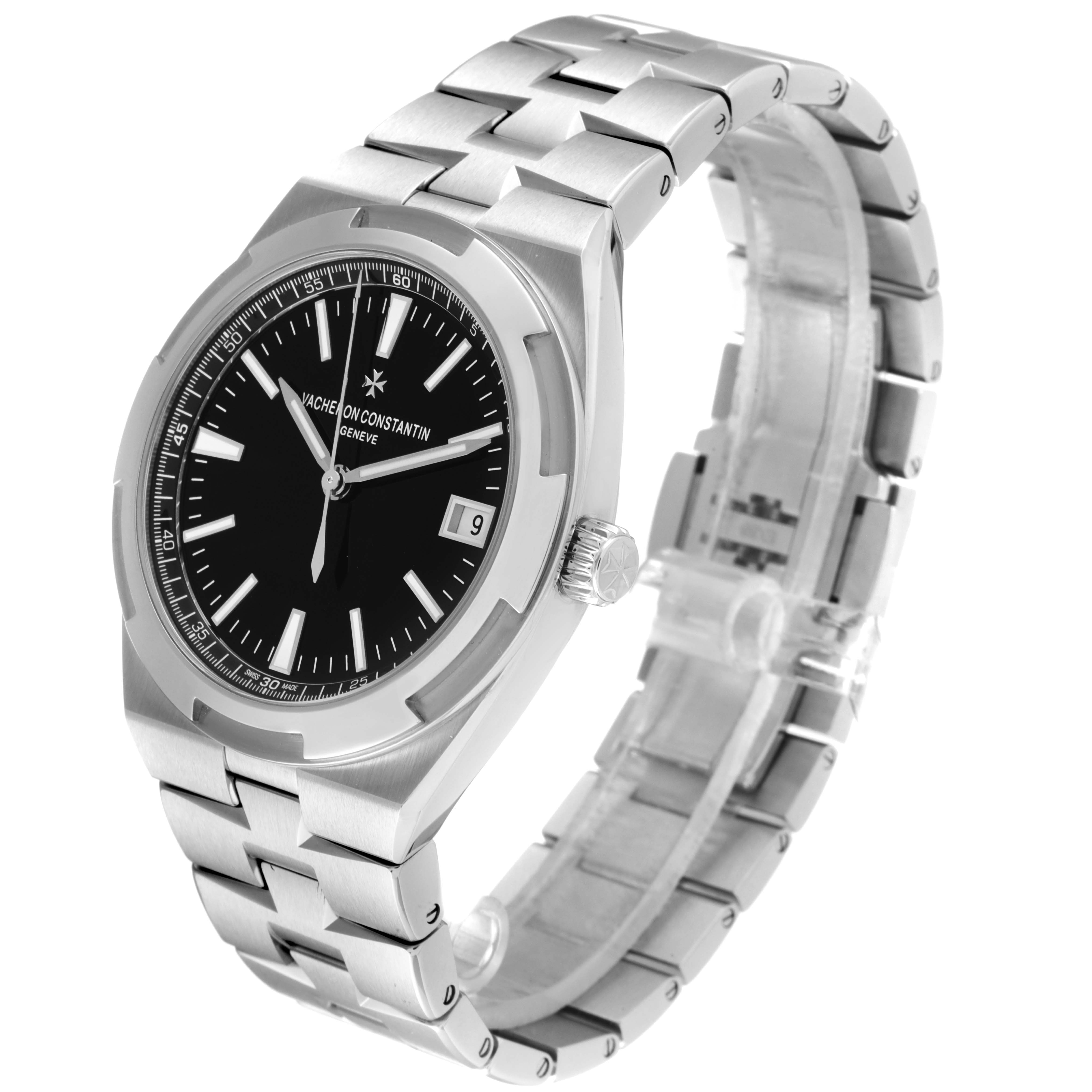 The image shows a side angle view of the Vacheron Constantin Overseas 4500V/110A-B483 Men's Stainless Steel Black Dial 4500V/110A-B483 Men's Stainless Steel Black Dial watch, highlighting the face, bracelet, and crown.