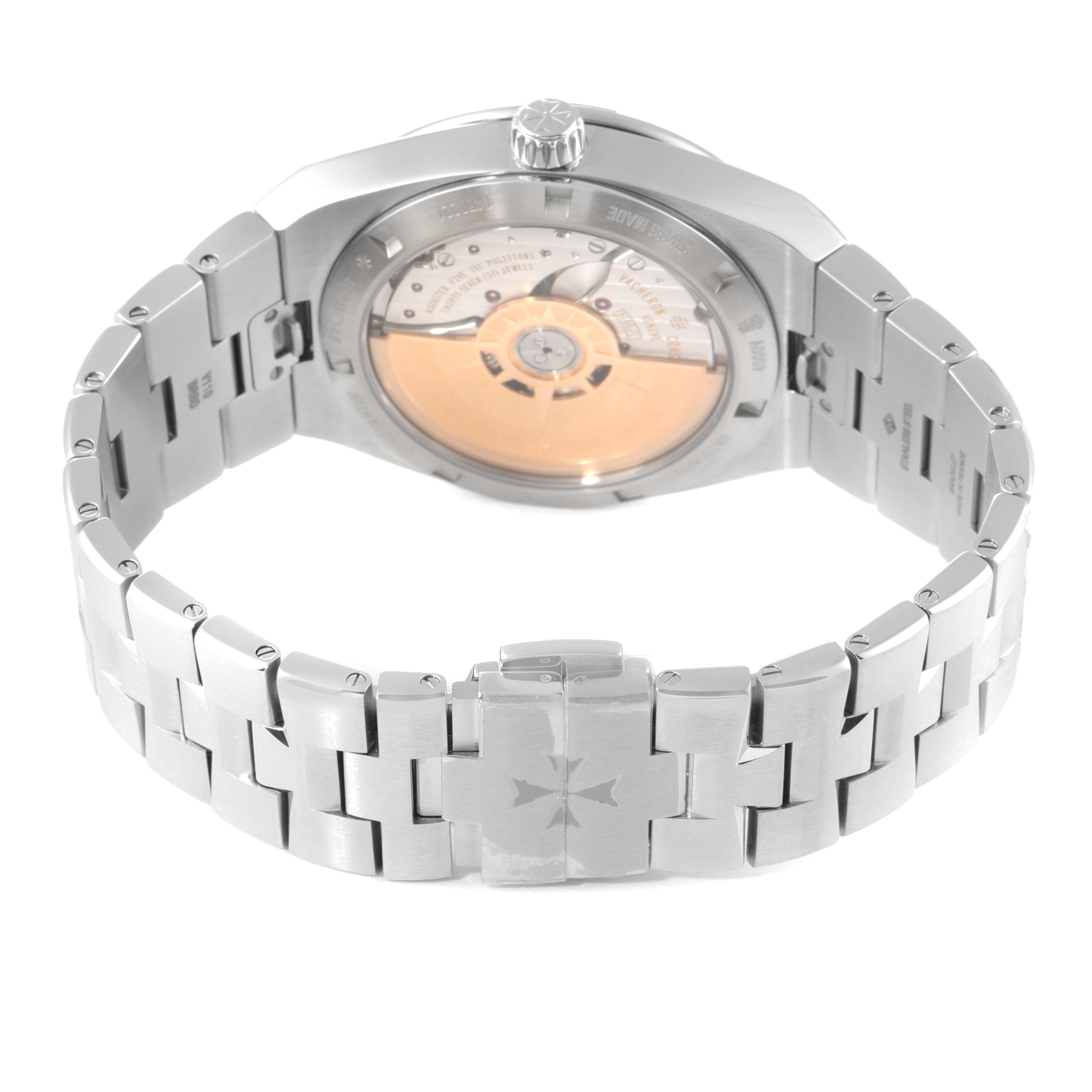 The image shows the back and bracelet of the Vacheron Constantin Overseas 4500V/110A-B483 Men's Stainless Steel Black Dial 4500V/110A-B483 Men's Stainless Steel Black Dial watch, highlighting its open case back and clasp.