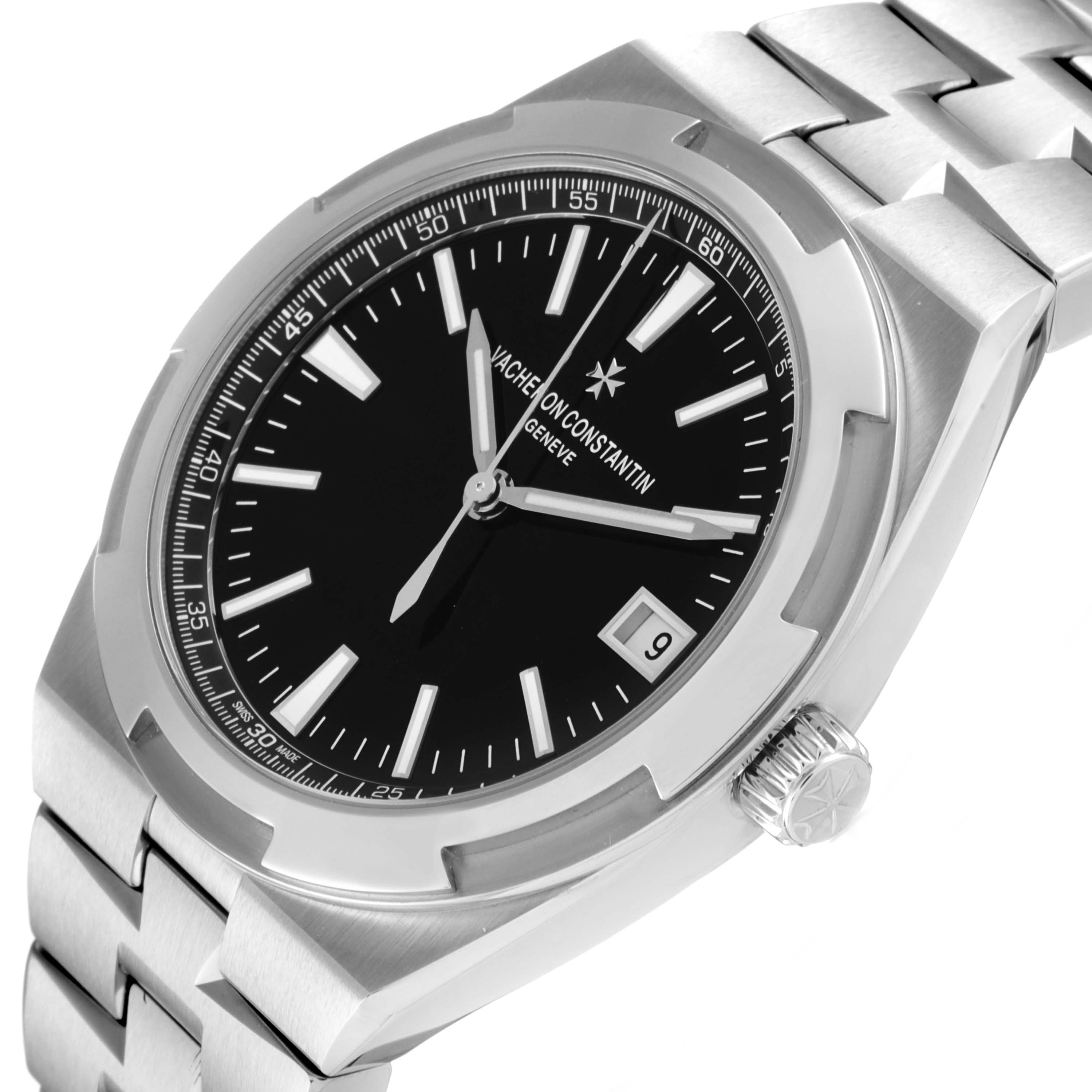 The Vacheron Constantin Overseas 4500V/110A-B483 Men's Stainless Steel Black Dial 4500V/110A-B483 Men's Stainless Steel Black Dial watch is shown at a three-quarter angle, highlighting its black dial, crown, and metal bracelet.