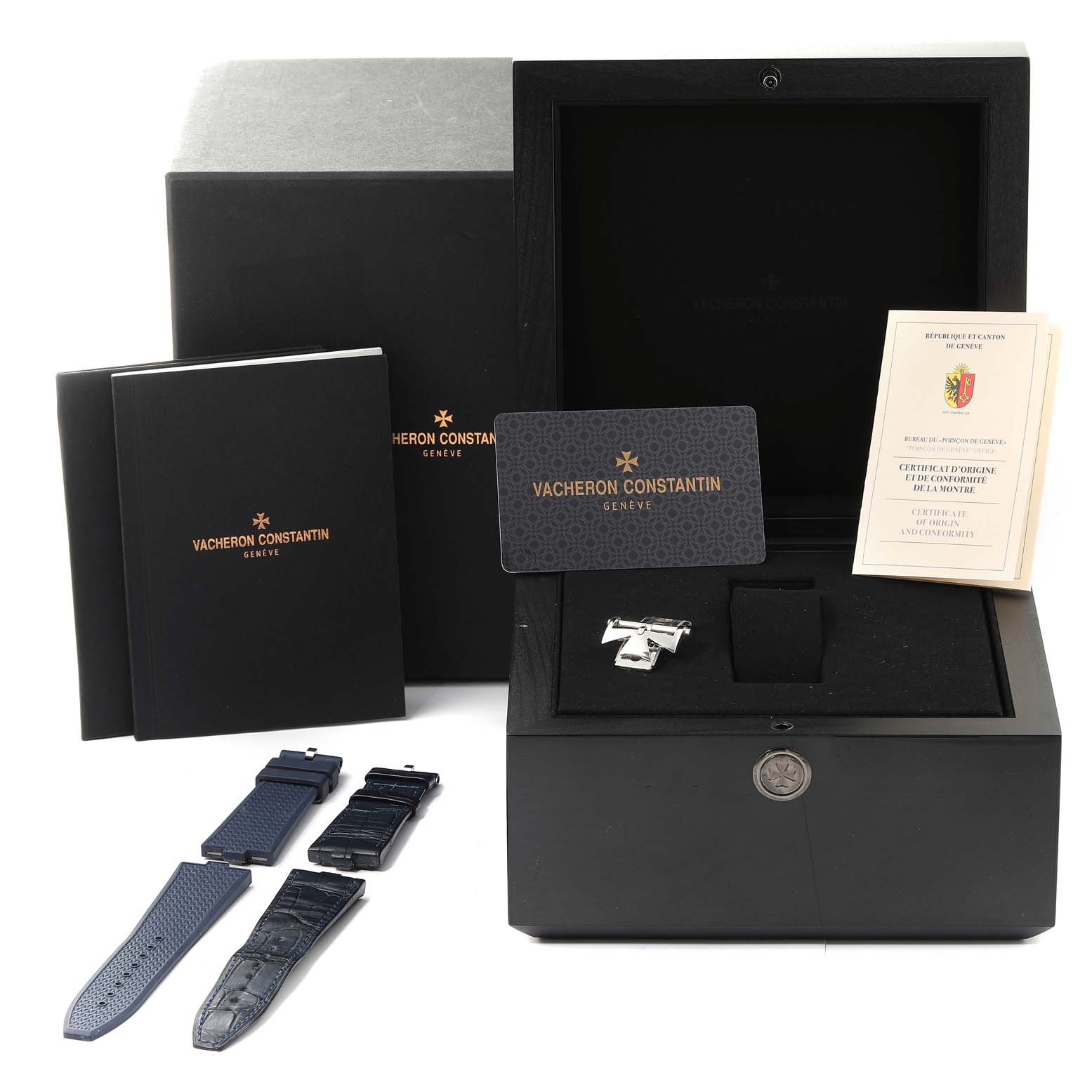 The image shows the Vacheron Constantin Overseas 5500V/110A-B148 Men's Stainless Steel Blue Dial 5500V/110A-B148 Men's Stainless Steel Blue Dial watch packaging, including the box, literature, straps, and warranty card.