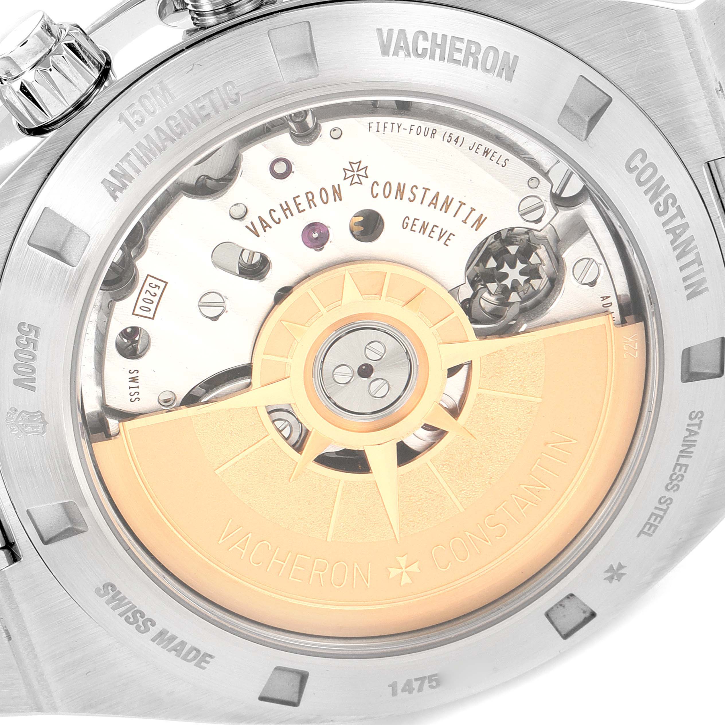 The image shows the back view of a Vacheron Constantin Overseas 5500V/110A-B148 Men's Stainless Steel Blue Dial 5500V/110A-B148 Men's Stainless Steel Blue Dial watch, highlighting its movement and rotor.