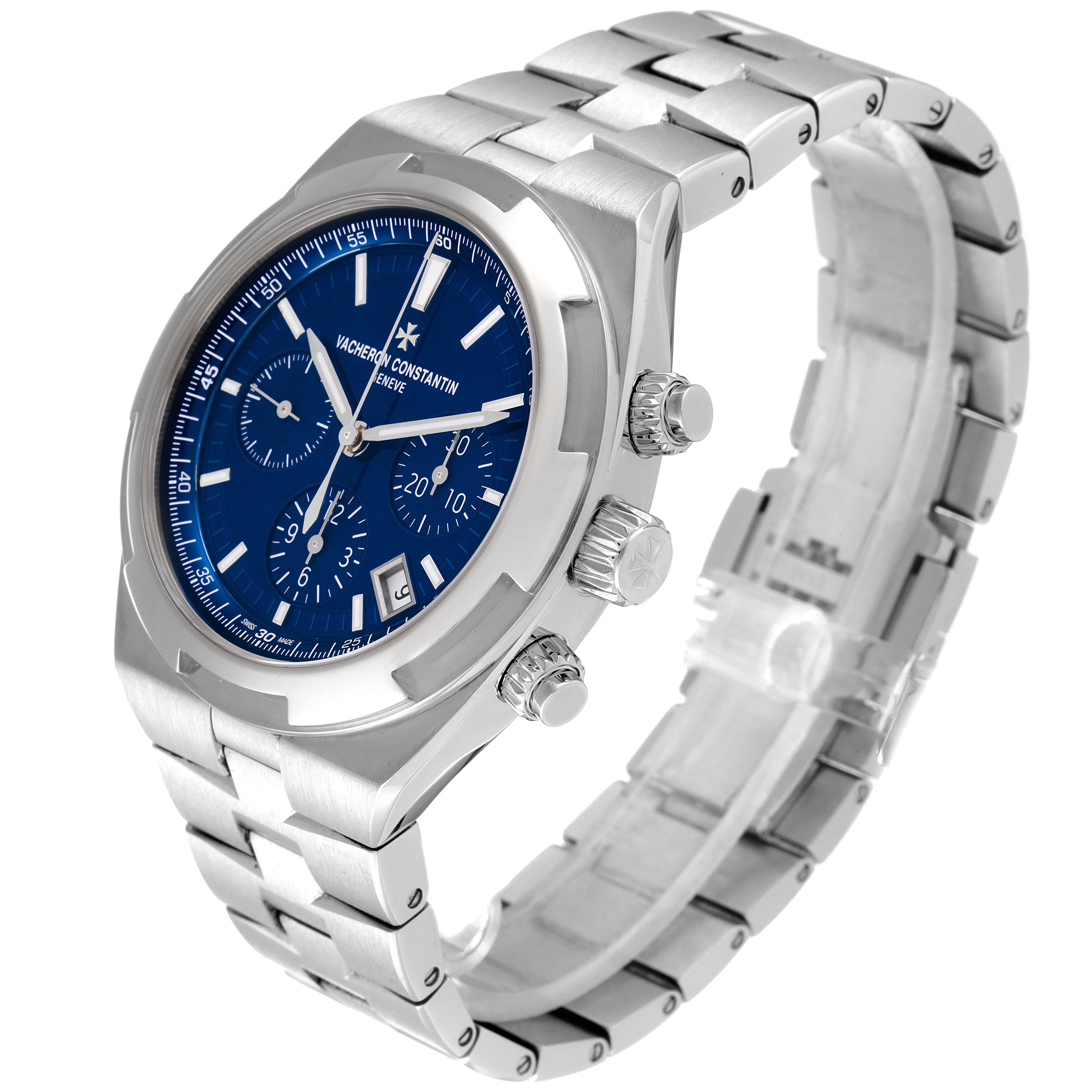 The Vacheron Constantin Overseas 5500V/110A-B148 Men's Stainless Steel Blue Dial 5500V/110A-B148 Men's Stainless Steel Blue Dial model watch is shown at an angled side view, highlighting the dial, bezel, crown, and stainless steel bracelet.