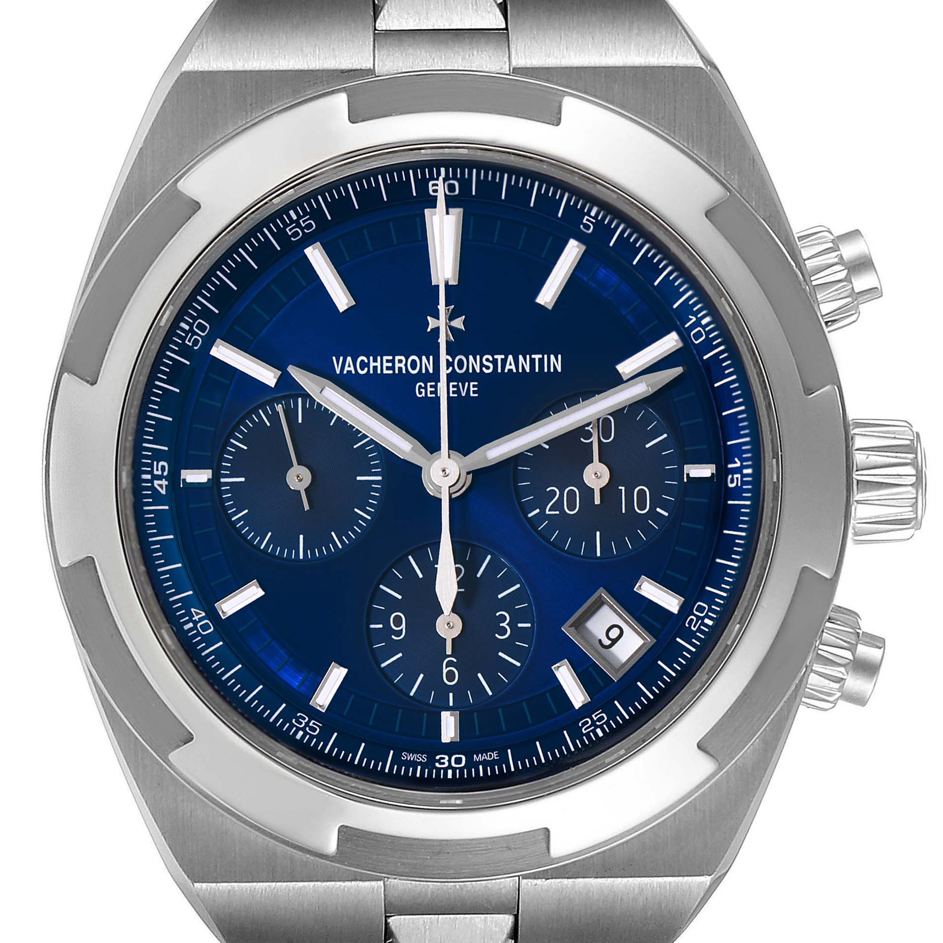 The image shows a front view of the Vacheron Constantin Overseas 5500V/110A-B148 Men's Stainless Steel Blue Dial 5500V/110A-B148 Men's Stainless Steel Blue Dial watch with a blue dial and multiple sub-dials.