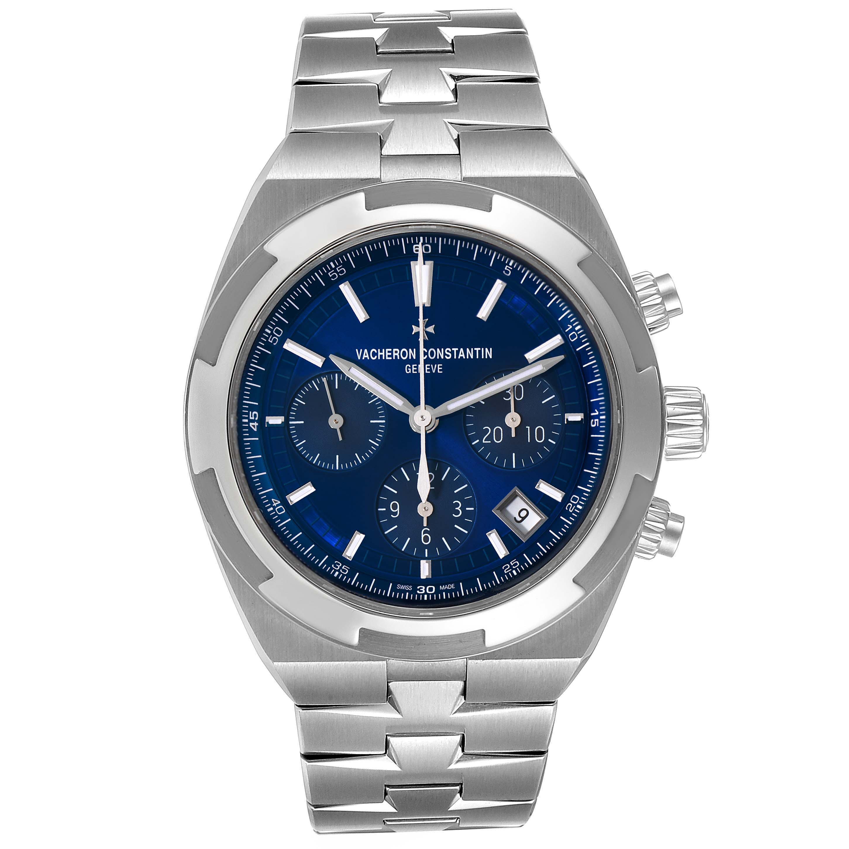 The image shows a front view of the Vacheron Constantin Overseas 5500V/110A-B148 Men's Stainless Steel Blue Dial 5500V/110A-B148 Men's Stainless Steel Blue Dial watch with a blue dial and stainless steel bracelet.