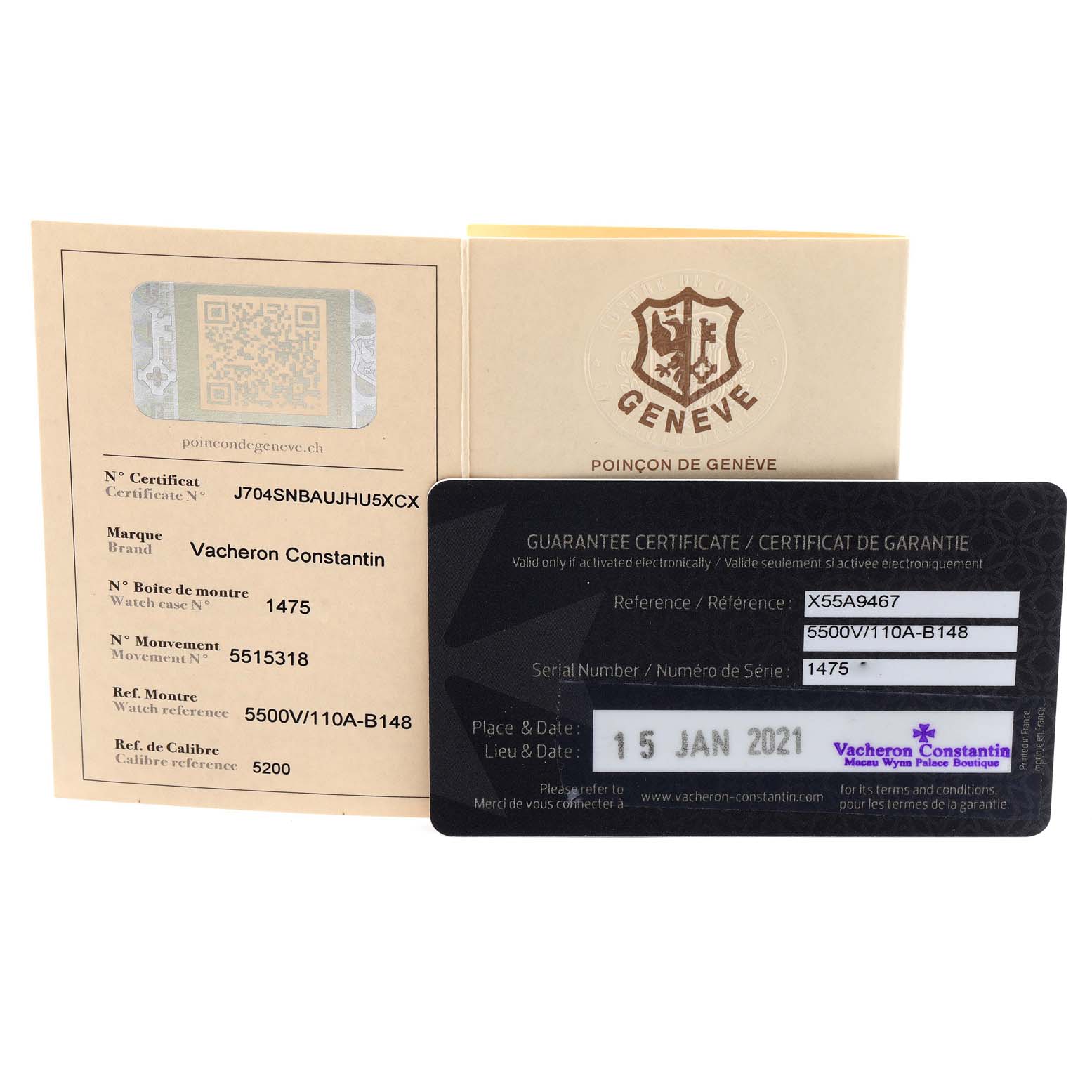 This image shows the guarantee certificate and documentation for a Vacheron Constantin Overseas 5500V/110A-B148 Men's Stainless Steel Blue Dial 5500V/110A-B148 Men's Stainless Steel Blue Dial model watch.