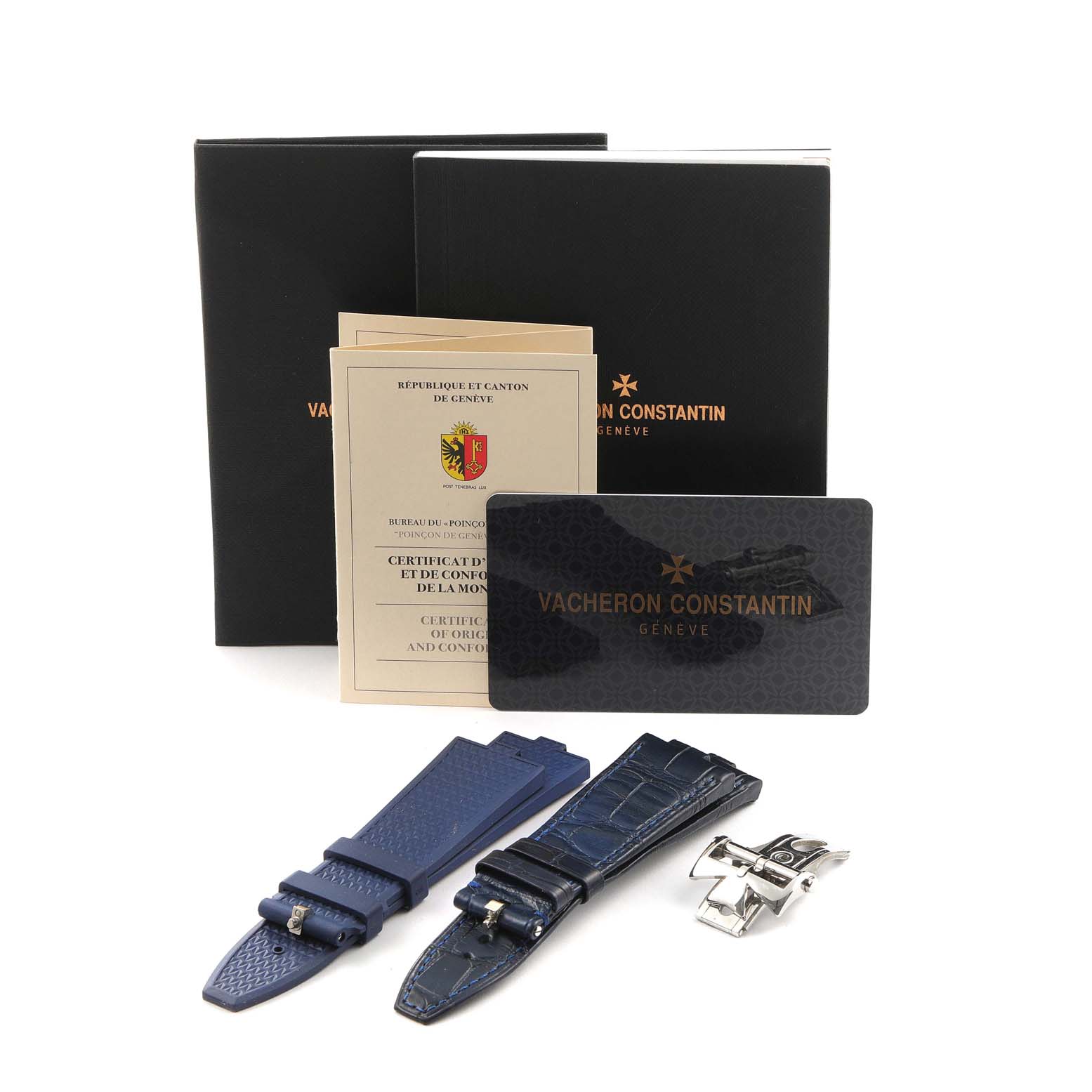 The image shows Vacheron Constantin Overseas 5500V/110A-B148 Men's Stainless Steel Blue Dial 5500V/110A-B148 Men's Stainless Steel Blue Dial watch accessories, including straps, a clasp, a certificate, and branded documents.