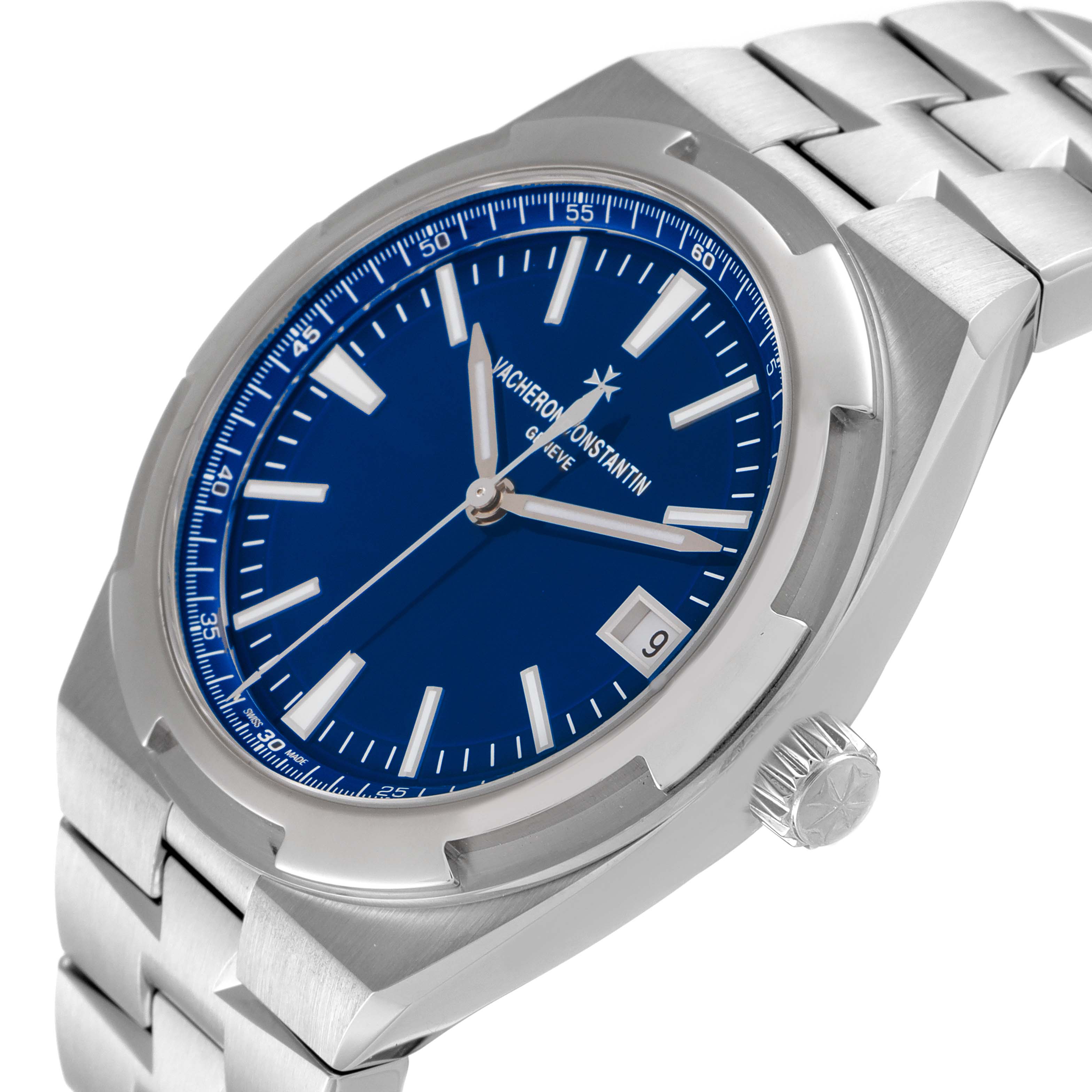 The Vacheron Constantin Overseas 4500V/110A-B128 Men's Stainless Steel Blue Dial 4500V/110A-B128 Men's Stainless Steel Blue Dial watch is shown at a three-quarter angle, displaying its blue dial, metal bracelet, and crown.