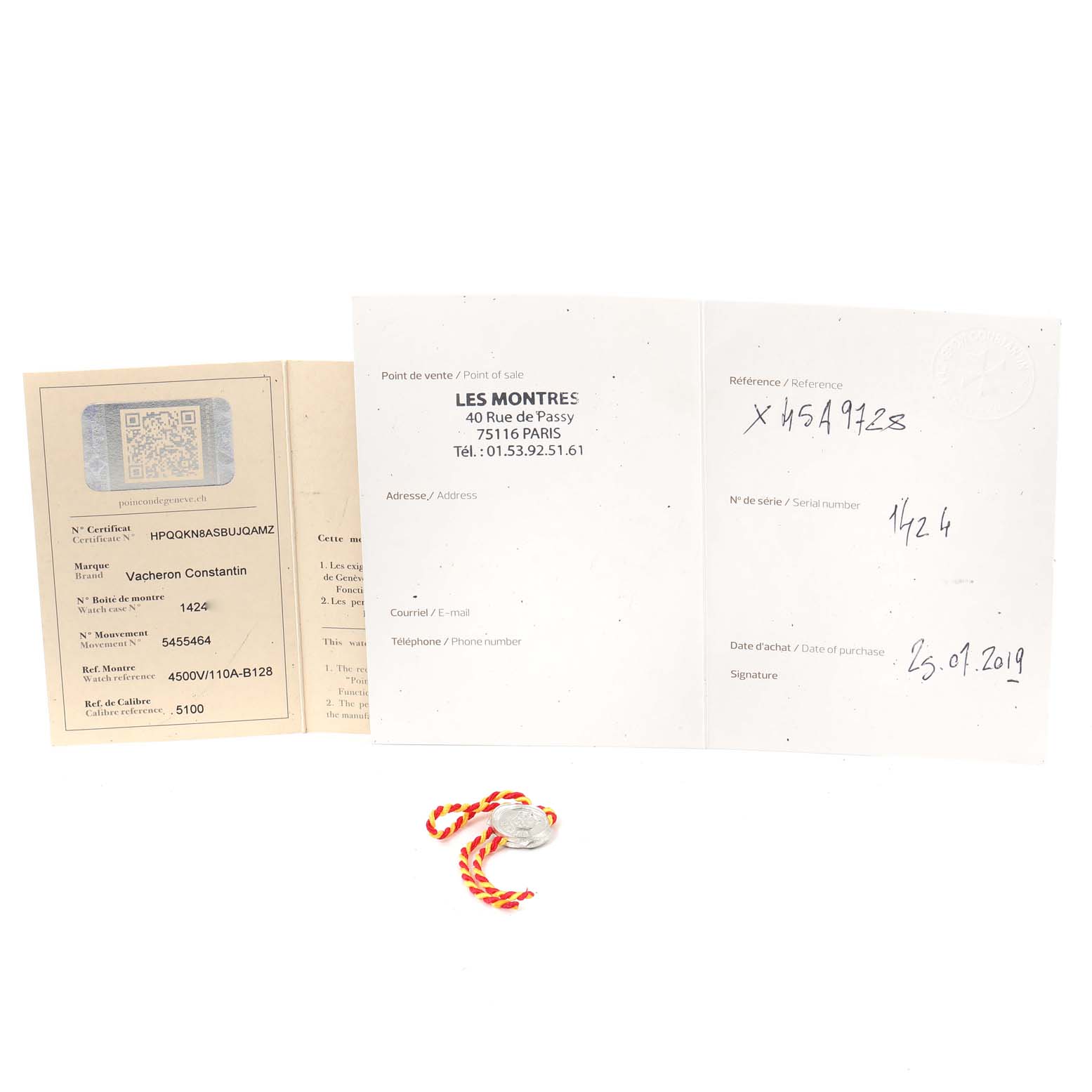 The image shows documents and a tag for a Vacheron Constantin Overseas 4500V/110A-B128 Men's Stainless Steel Blue Dial 4500V/110A-B128 Men's Stainless Steel Blue Dial watch, including a certificate and point of sale information.