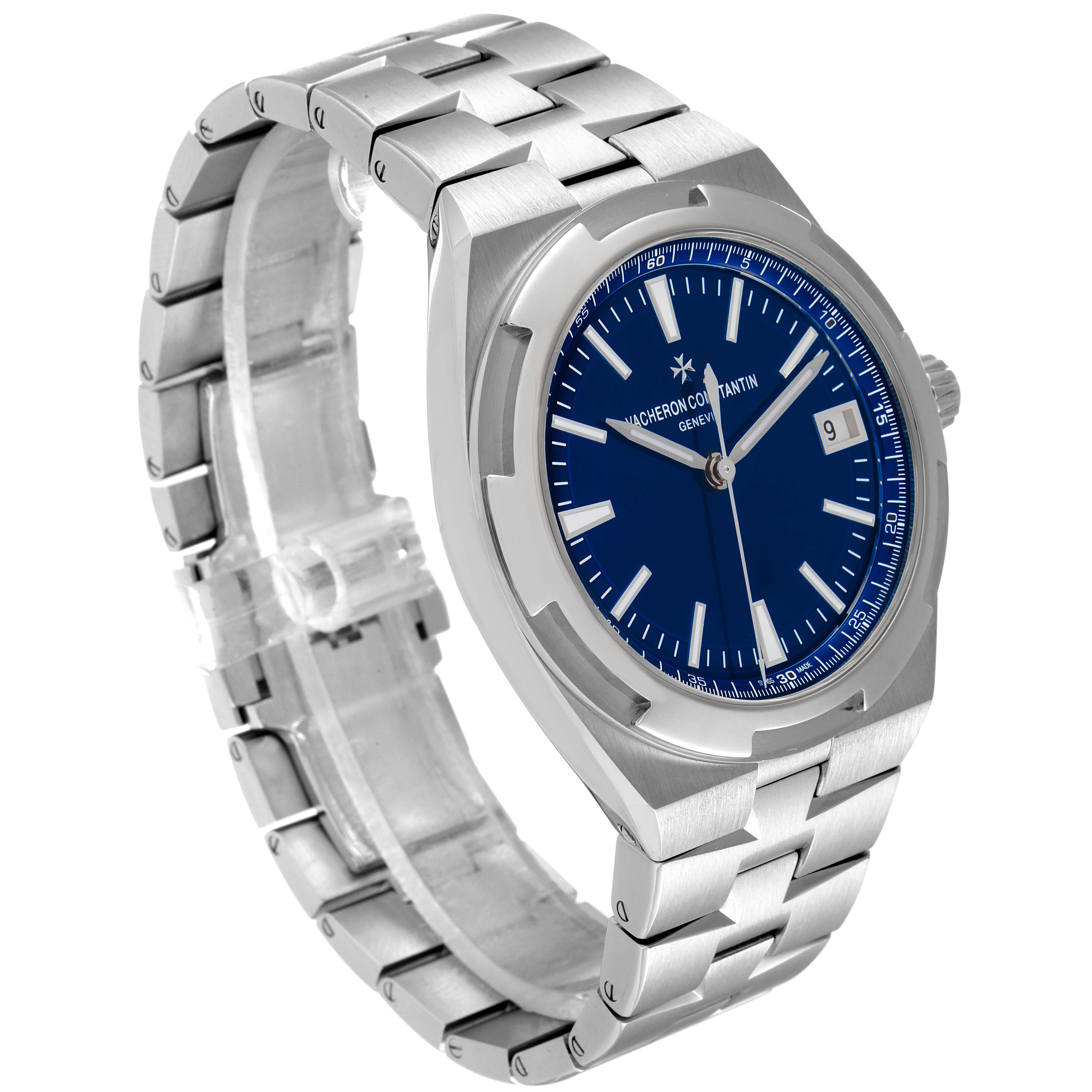 The image shows a Vacheron Constantin Overseas 4500V/110A-B128 Men's Stainless Steel Blue Dial 4500V/110A-B128 Men's Stainless Steel Blue Dial model watch angled from the front left, highlighting the bracelet, case, and face.