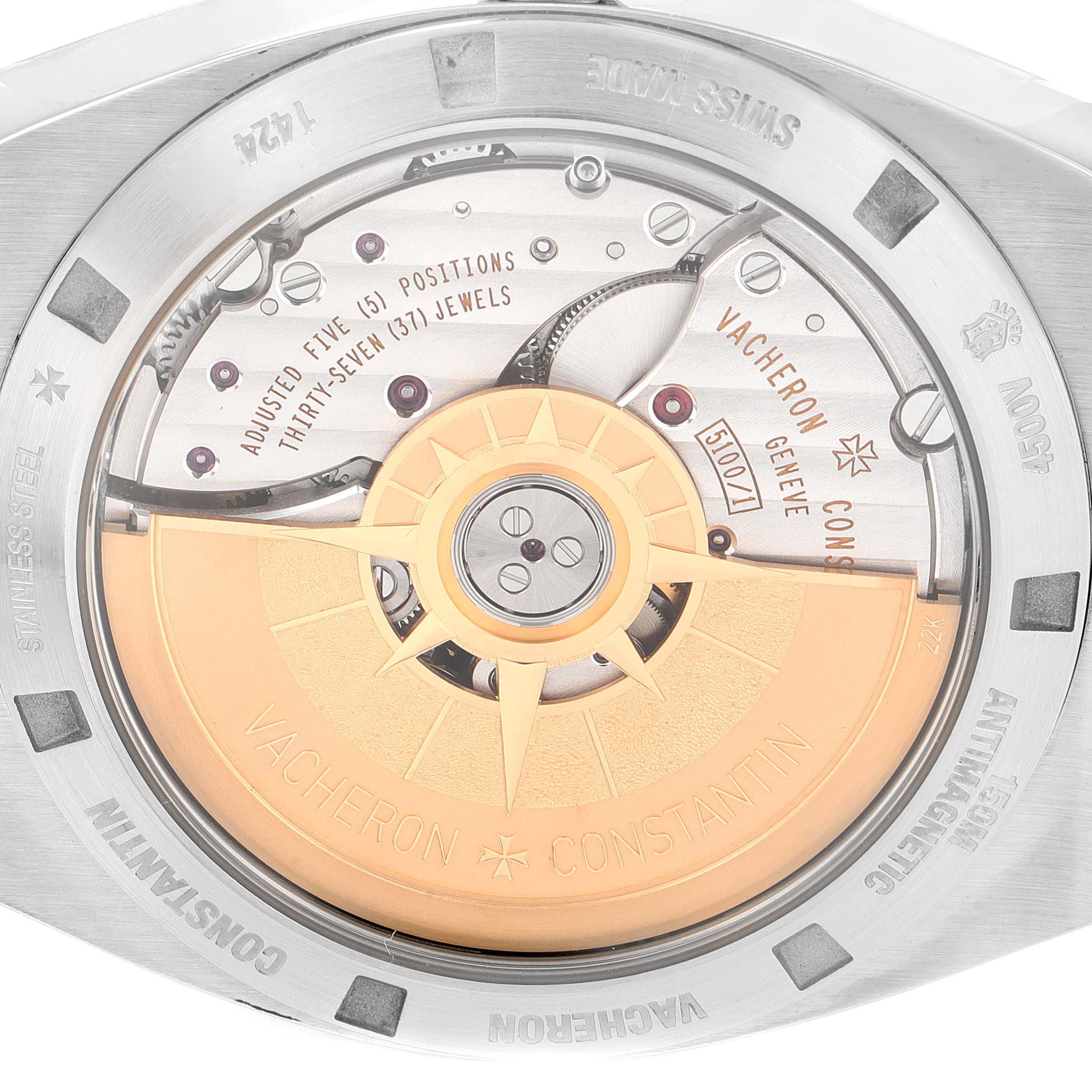 The image shows a detailed view of the movement's back of the Vacheron Constantin Overseas 4500V/110A-B128 Men's Stainless Steel Blue Dial 4500V/110A-B128 Men's Stainless Steel Blue Dial watch.