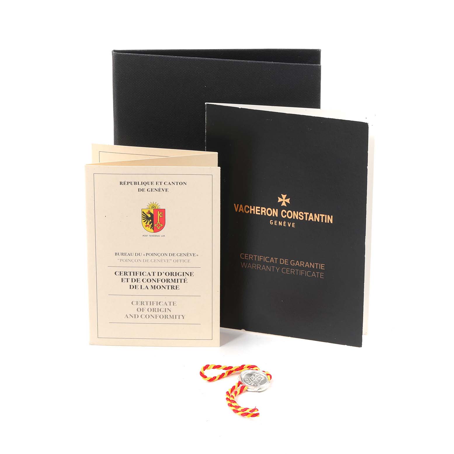 The image shows Vacheron Constantin Overseas 4500V/110A-B128 Men's Stainless Steel Blue Dial 4500V/110A-B128 Men's Stainless Steel Blue Dial model documentation, including a certificate of origin, warranty, and a medal.