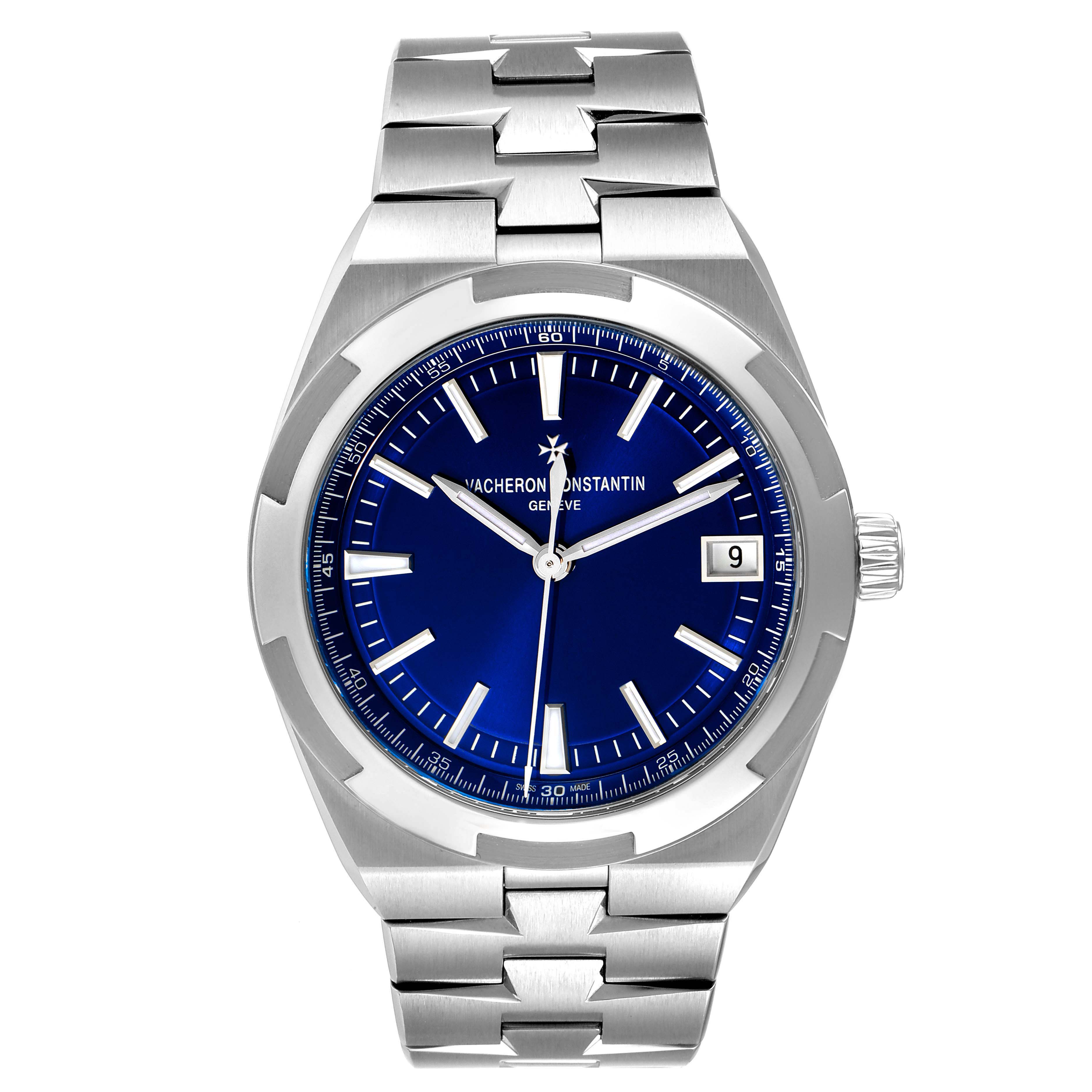The image shows a front view of the Vacheron Constantin Overseas 4500V/110A-B128 Men's Stainless Steel Blue Dial 4500V/110A-B128 Men's Stainless Steel Blue Dial watch with a blue dial and stainless steel bracelet.