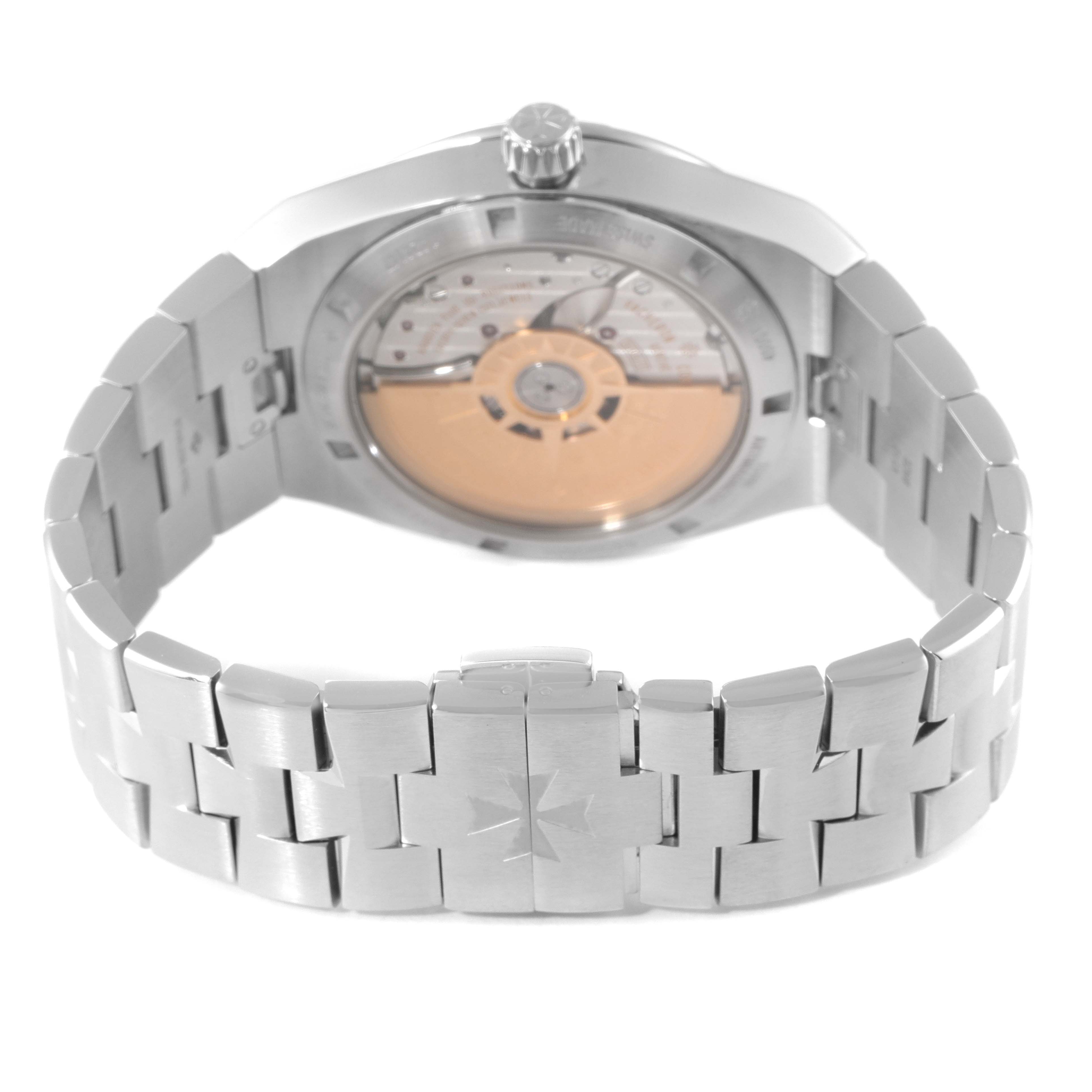 The image shows the back view of a Vacheron Constantin Overseas 4500V/110A-B128 Men's Stainless Steel Blue Dial 4500V/110A-B128 Men's Stainless Steel Blue Dial watch, displaying its bracelet and automatic movement.