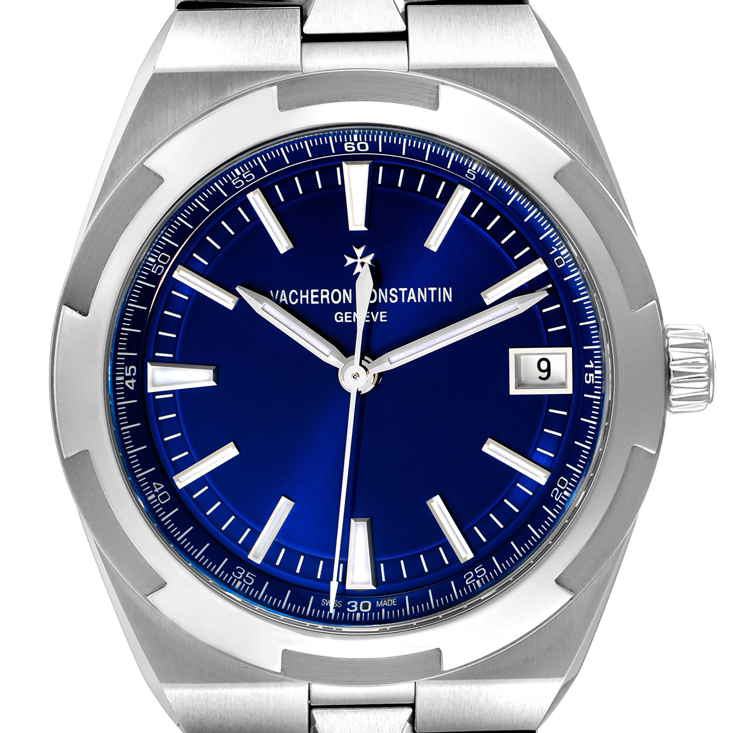This image shows a front angle of the Vacheron Constantin Overseas 4500V/110A-B128 Men's Stainless Steel Blue Dial 4500V/110A-B128 Men's Stainless Steel Blue Dial model watch, displaying the dial, hands, bezel, crown, and part of the bracelet.
