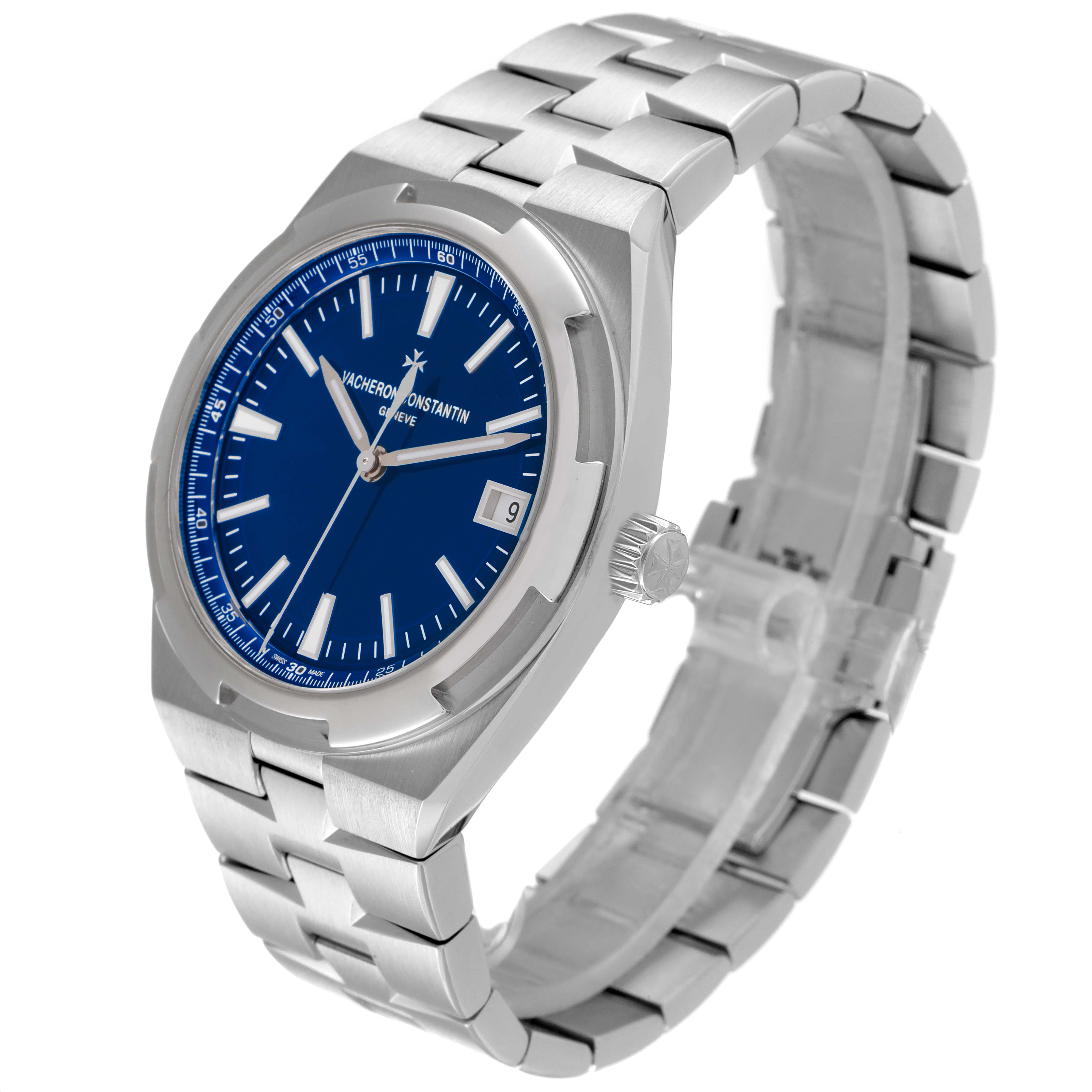 The image shows a Vacheron Constantin Overseas 4500V/110A-B128 Men's Stainless Steel Blue Dial 4500V/110A-B128 Men's Stainless Steel Blue Dial watch at a three-quarter angle, highlighting its blue dial, date display, and stainless steel bracelet.