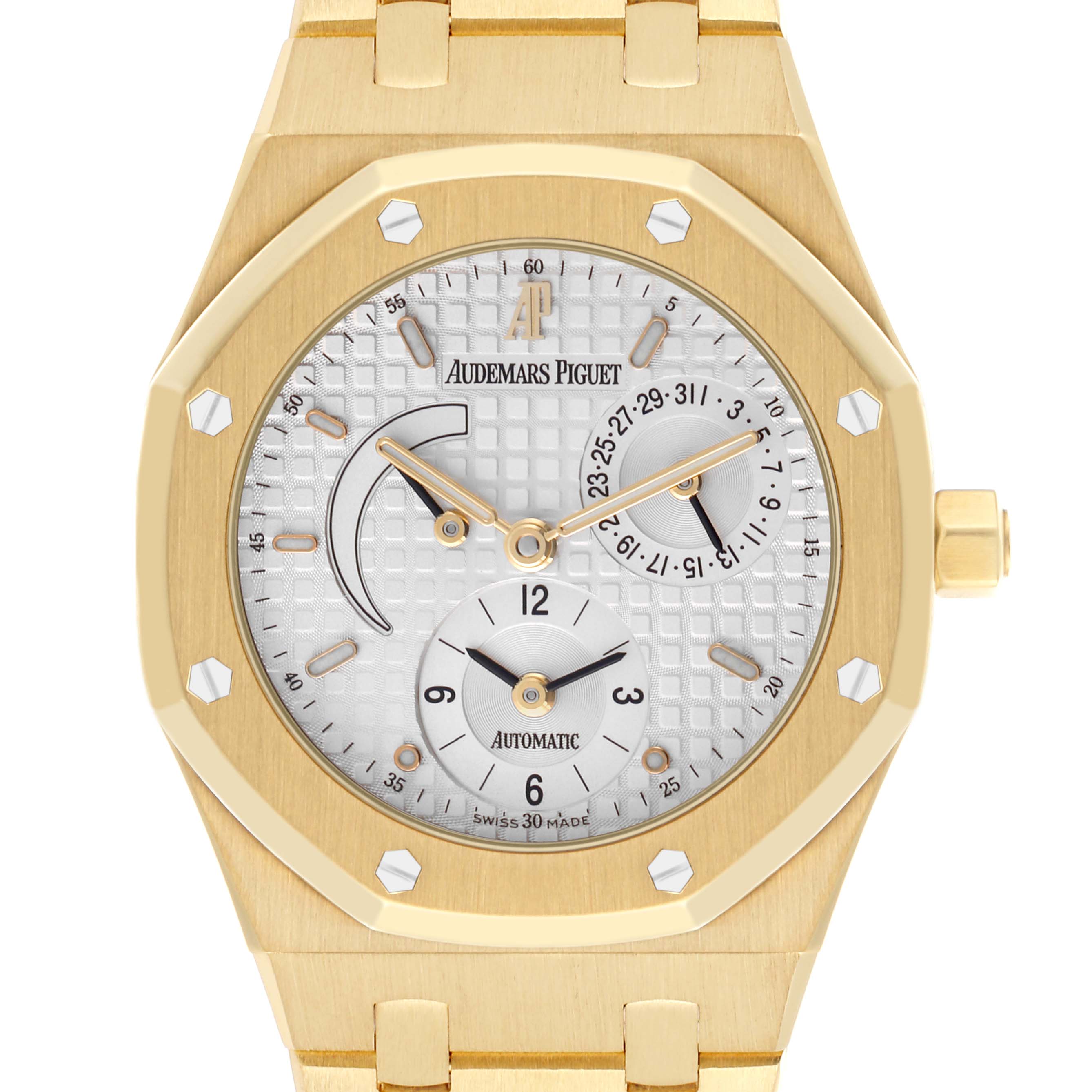 The Audemars Piguet Royal Oak 25730BA.OO.0789BA.06 Men's Yellow Gold Silver Dial 25730BA.OO.0789BA.06 Men's Yellow Gold Silver Dial watch is shown from a front angle, highlighting the dial, gold case, and octagonal bezel.