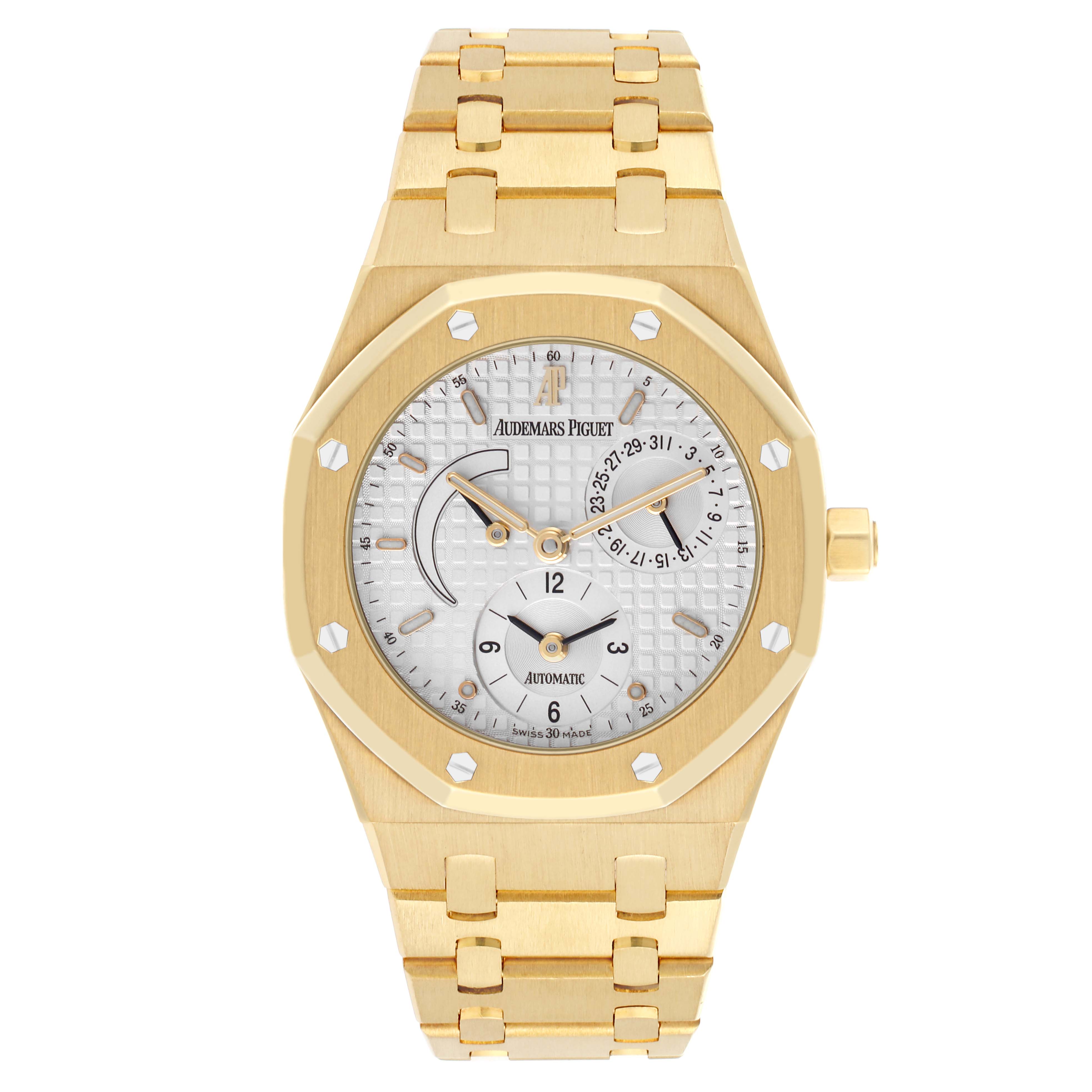 The Audemars Piguet Royal Oak 25730BA.OO.0789BA.06 Men's Yellow Gold Silver Dial 25730BA.OO.0789BA.06 Men's Yellow Gold Silver Dial is shown from a front angle, highlighting the dial, bezel, crown, and part of the bracelet.