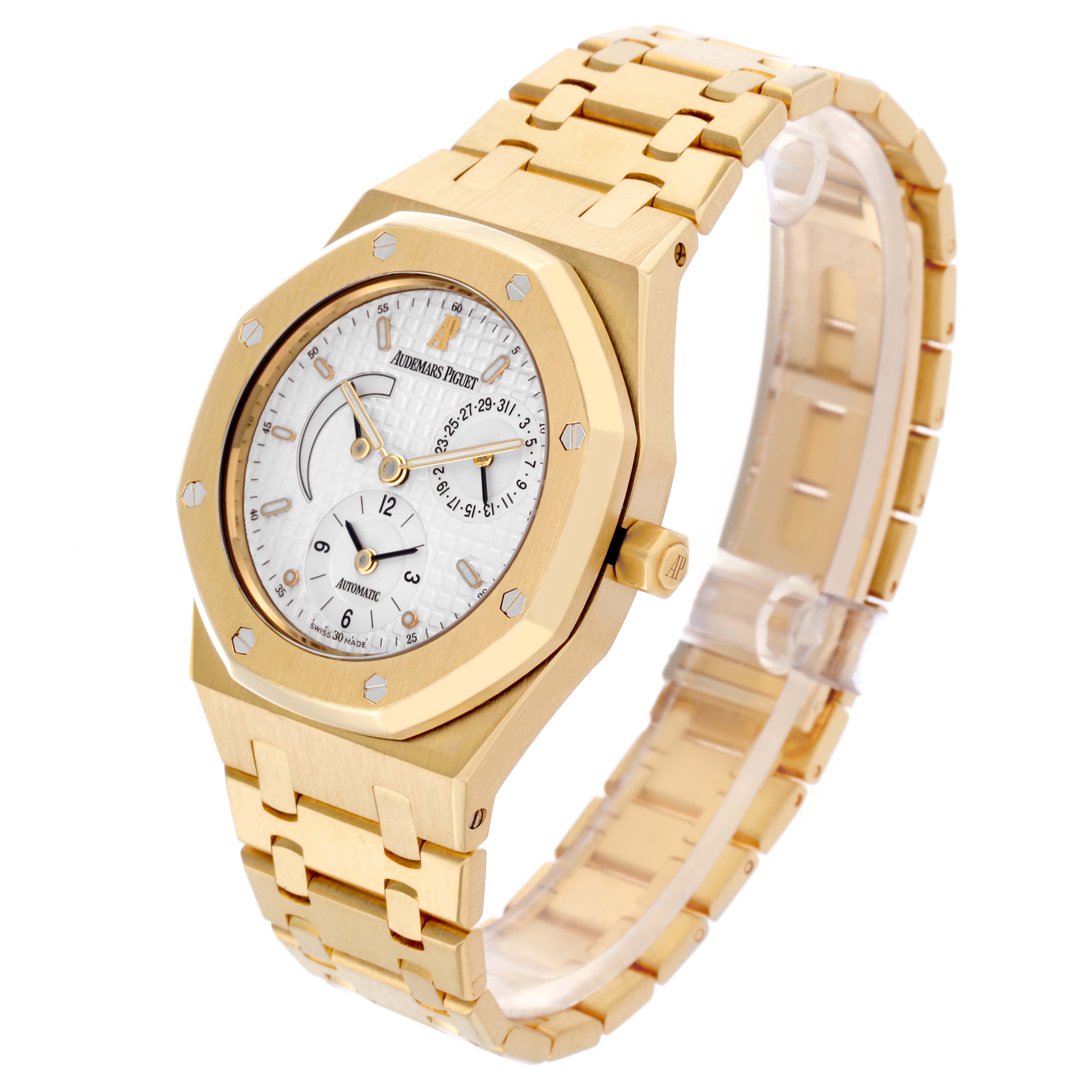 The Audemars Piguet Royal Oak 25730BA.OO.0789BA.06 Men's Yellow Gold Silver Dial 25730BA.OO.0789BA.06 Men's Yellow Gold Silver Dial watch is shown at a three-quarter angle displaying the face, bezel, and bracelet.