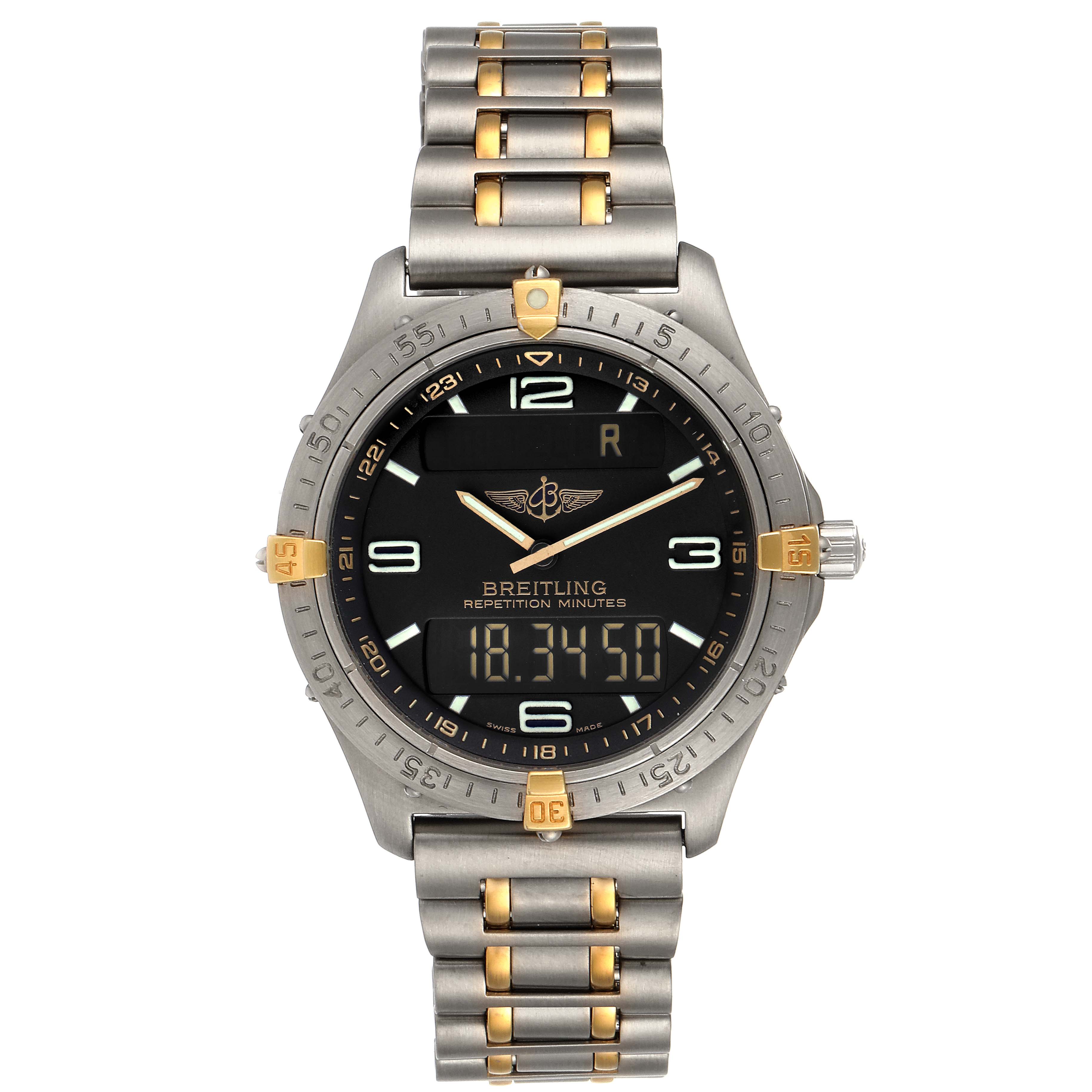 The image shows a front view of the Breitling Professional Series F65062 Men's Titanium Grey Dial F65062 Men's Titanium Grey Dial watch, highlighting the dial, bezel, and metal bracelet.