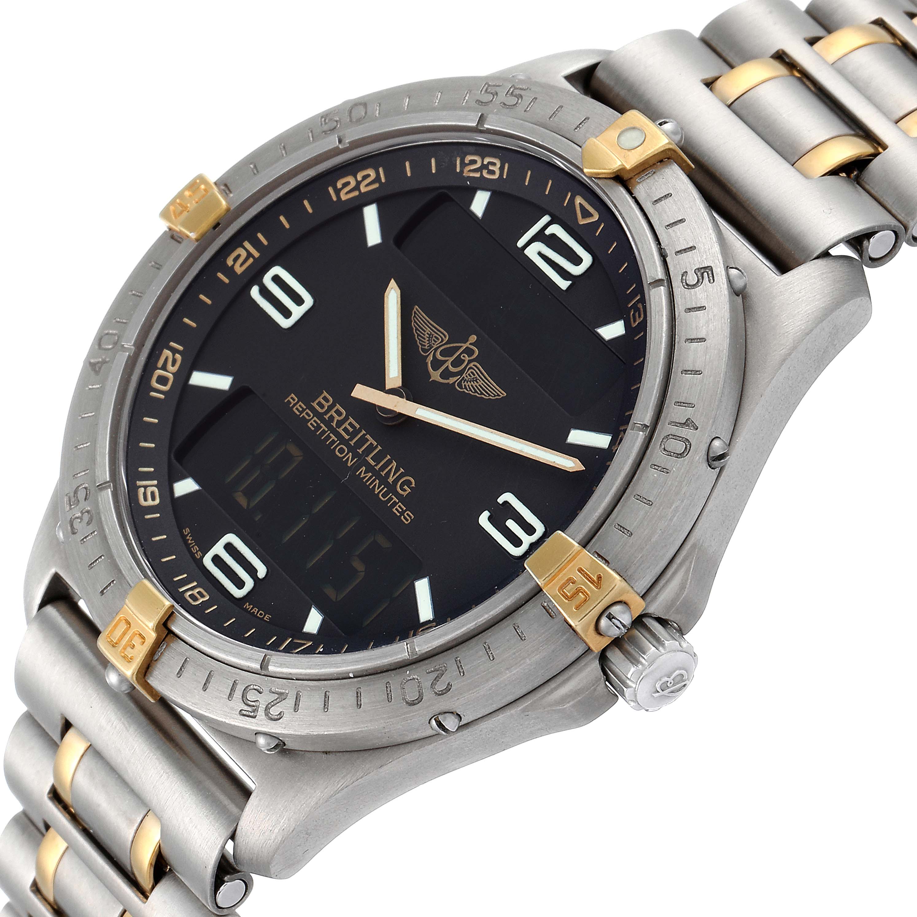 This image shows a Breitling Professional Series F65062 Men's Titanium Grey Dial F65062 Men's Titanium Grey Dial watch at an angled close-up, highlighting the bezel, dial, and part of the bracelet.