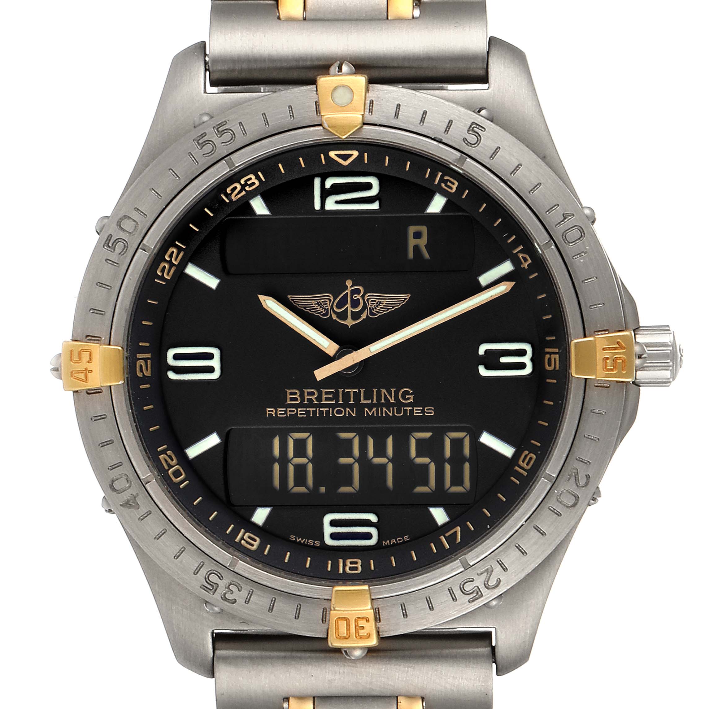 The image shows a frontal close-up view of the Breitling Professional Series F65062 Men's Titanium Grey Dial F65062 Men's Titanium Grey Dial watch, highlighting its dial, bezel, and strap.