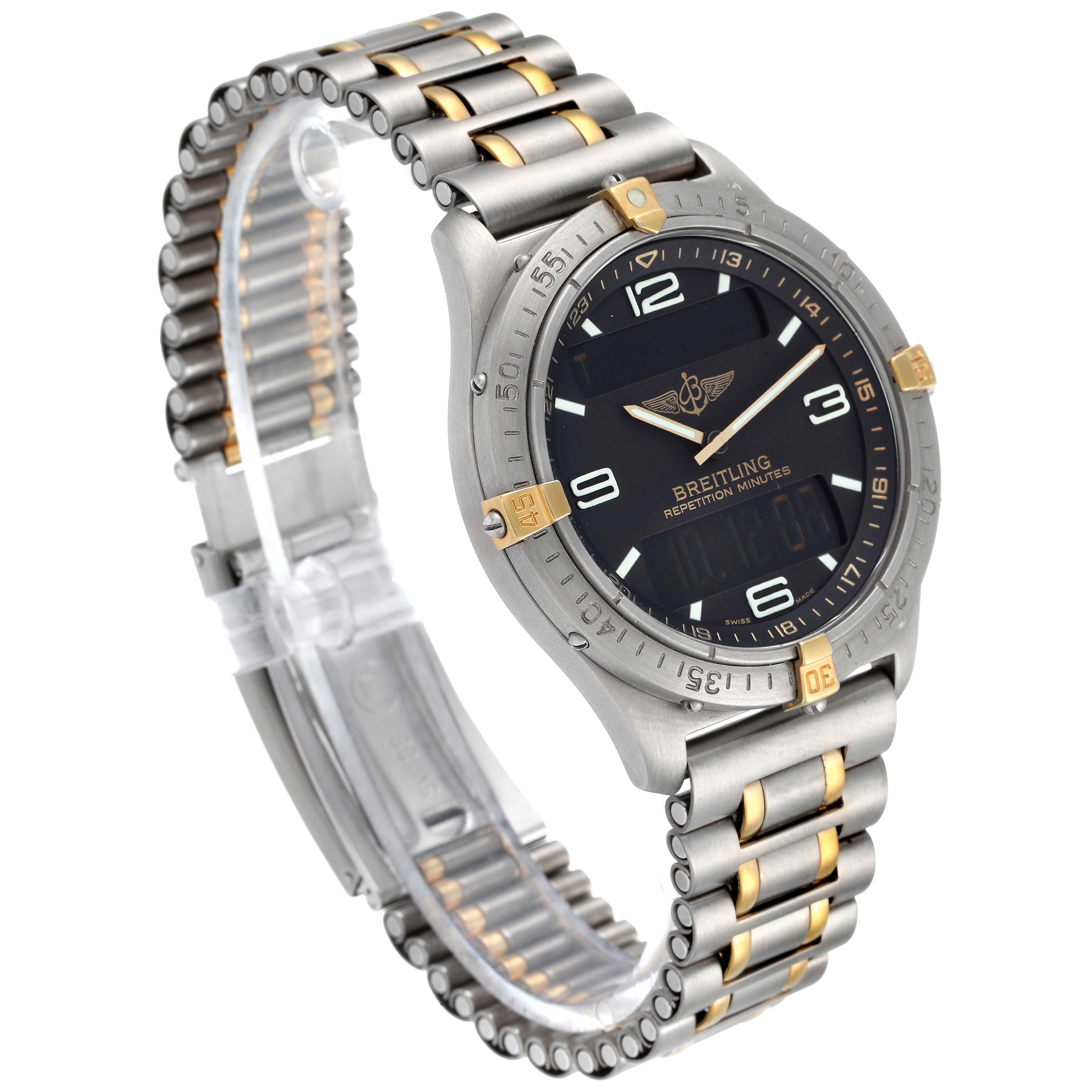 The image shows a Breitling Professional Series F65062 Men's Titanium Grey Dial F65062 Men's Titanium Grey Dial watch, angled to display the face, bezel, and part of the bracelet with a two-tone finish.