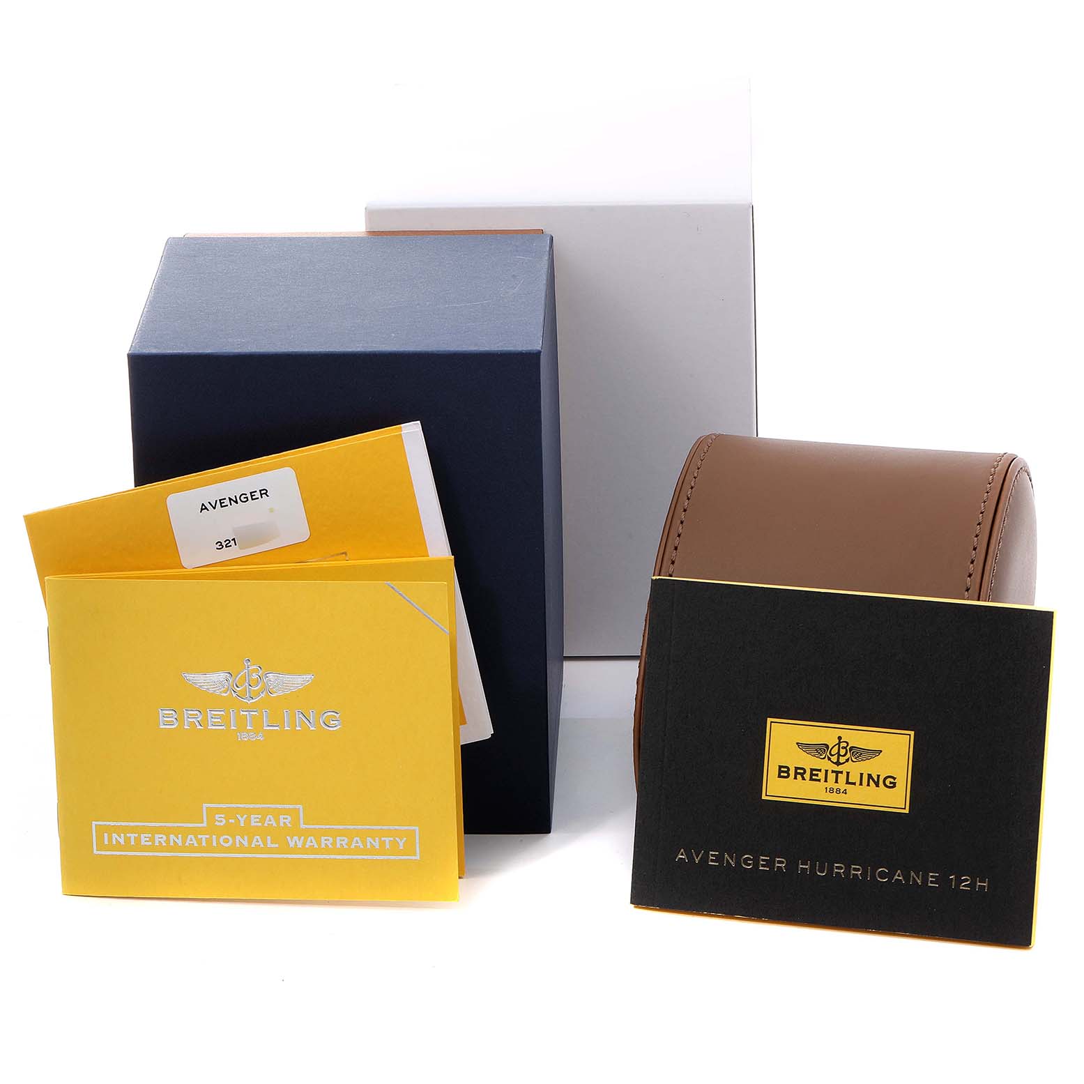 The image shows the packaging and documentation for a Breitling Avenger XB0180E4/BF31 Men's Titanium Black Dial XB0180E4/BF31 Men's Titanium Black Dial, including warranty cards and a travel case.