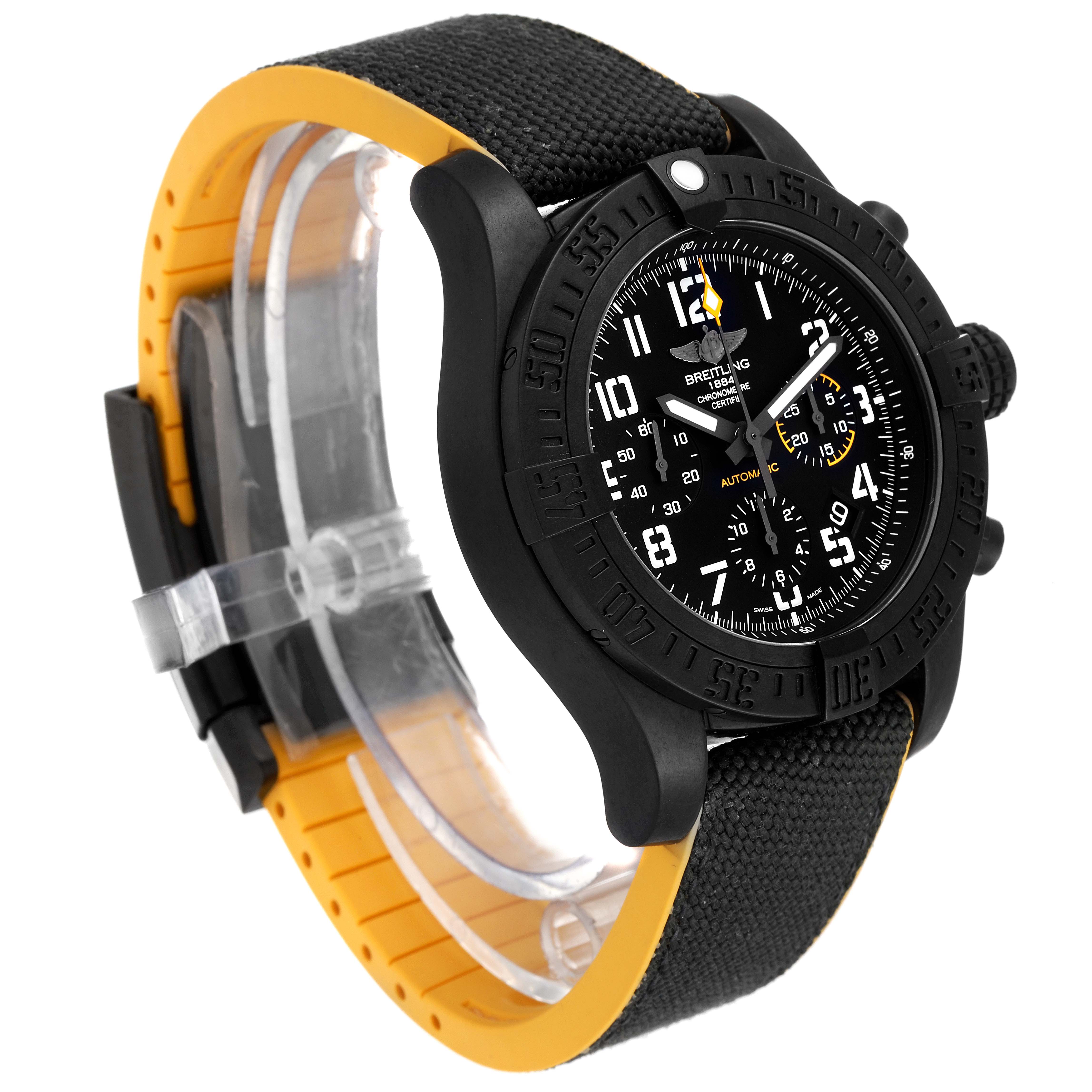 The image shows a Breitling Avenger XB0180E4/BF31 Men's Titanium Black Dial XB0180E4/BF31 Men's Titanium Black Dial watch at a three-quarter angle, highlighting the black dial, bezel, and strap with yellow interior.