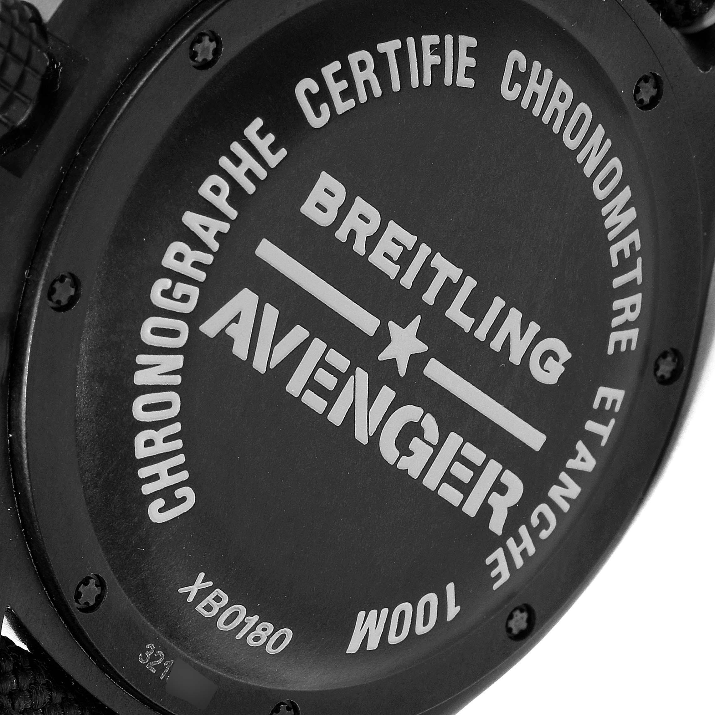 The image shows the back case of the Breitling Avenger XB0180E4/BF31 Men's Titanium Black Dial XB0180E4/BF31 Men's Titanium Black Dial watch, displaying model details and certifications.