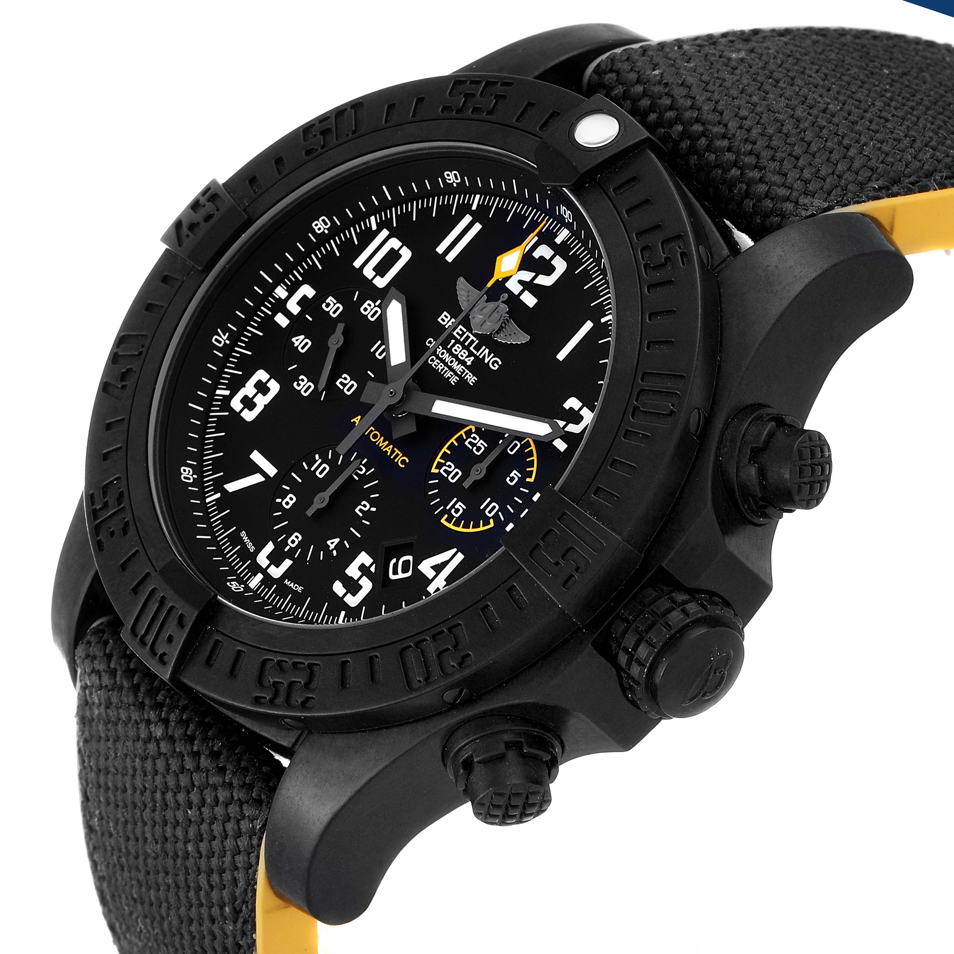 The image shows a Breitling Avenger XB0180E4/BF31 Men's Titanium Black Dial XB0180E4/BF31 Men's Titanium Black Dial watch at an angle, focusing on the dial, bezel, crown, and pushers.