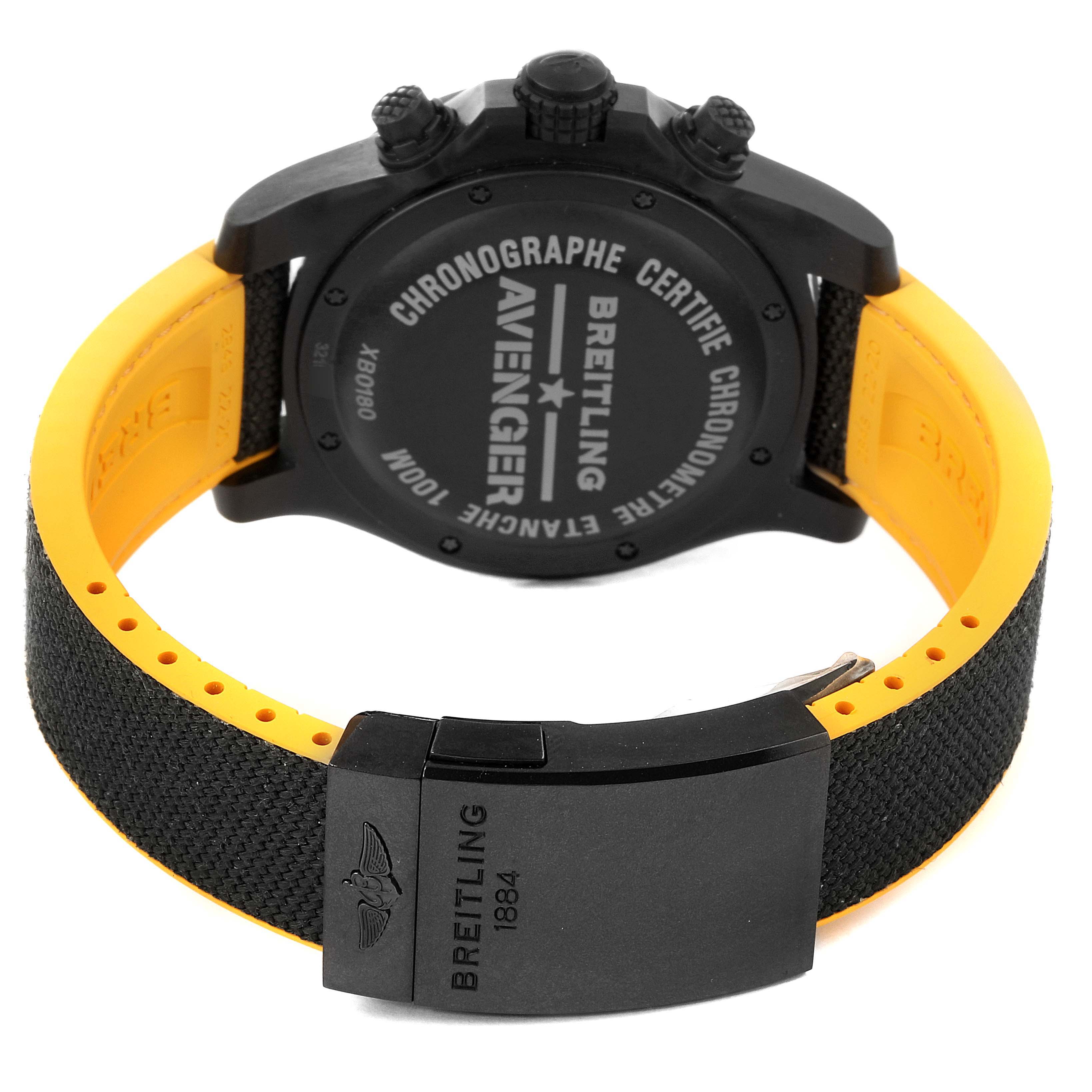 The image shows the back case and strap of a Breitling Avenger XB0180E4/BF31 Men's Titanium Black Dial XB0180E4/BF31 Men's Titanium Black Dial watch, highlighting its clasp and black-and-yellow color scheme.