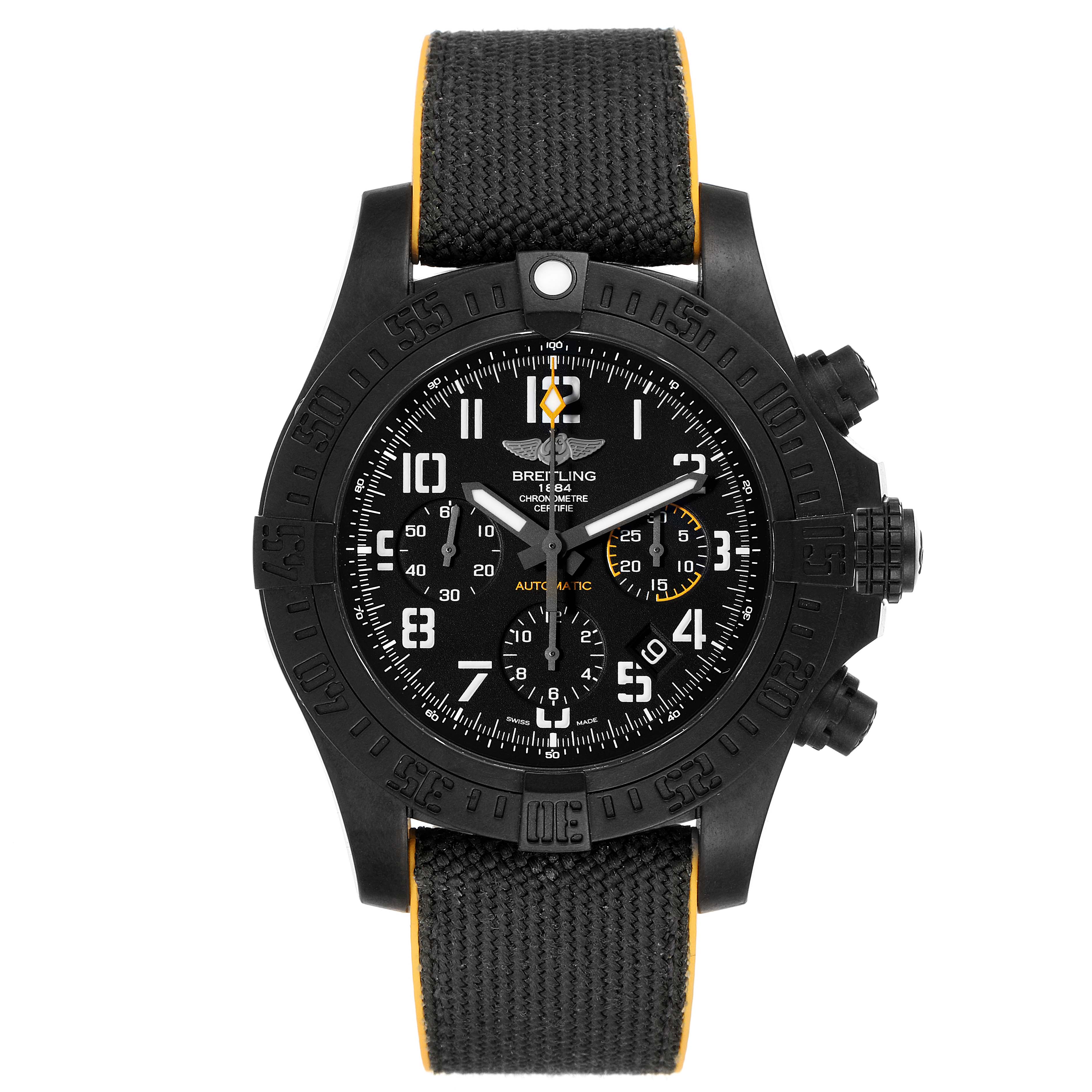 The image shows a front view of a Breitling Avenger XB0180E4/BF31 Men's Titanium Black Dial XB0180E4/BF31 Men's Titanium Black Dial watch, displaying the watch face, bezel, and strap.