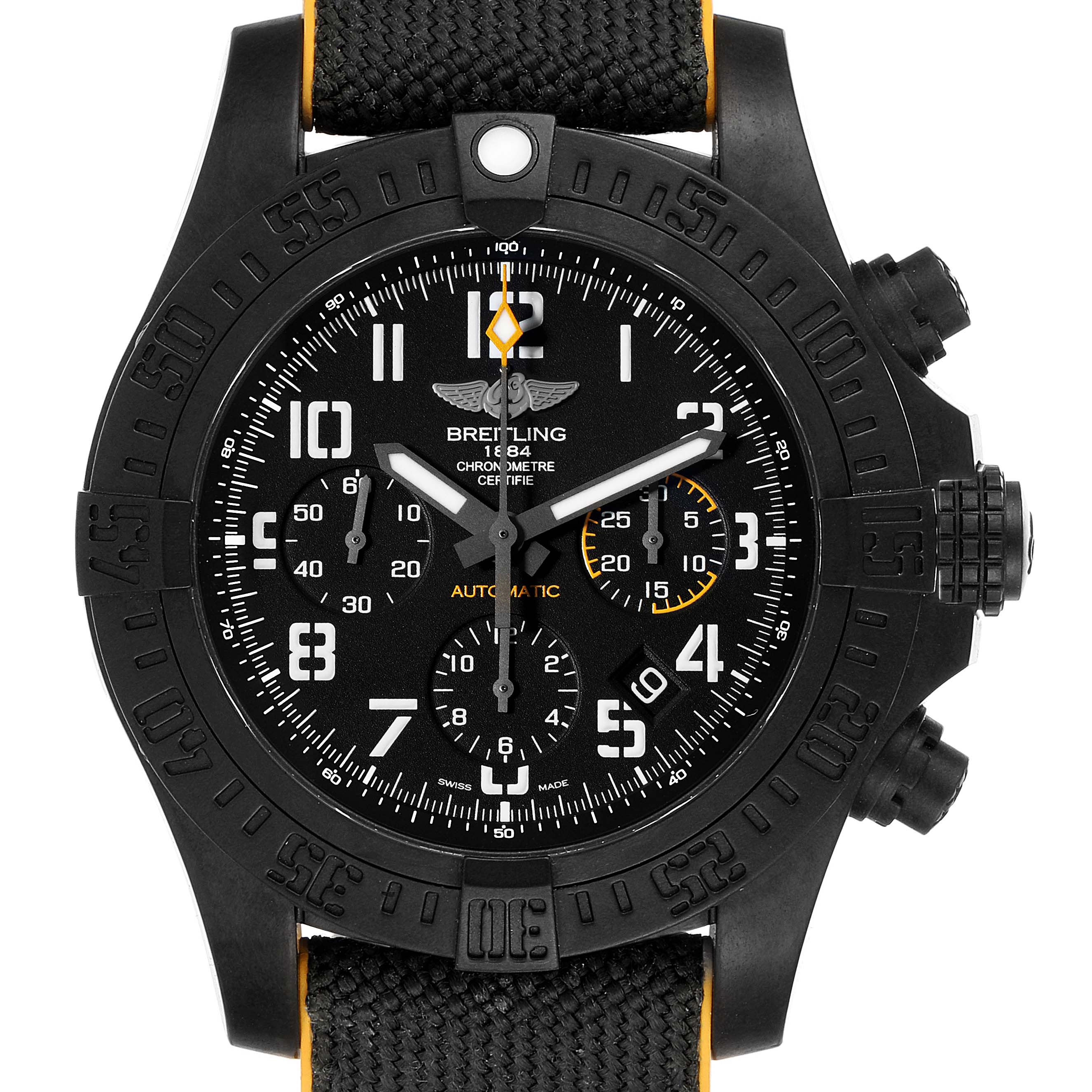 The image shows a front view of a Breitling Avenger XB0180E4/BF31 Men's Titanium Black Dial XB0180E4/BF31 Men's Titanium Black Dial watch, displaying its black dial, numerals, subdials, and textured strap.