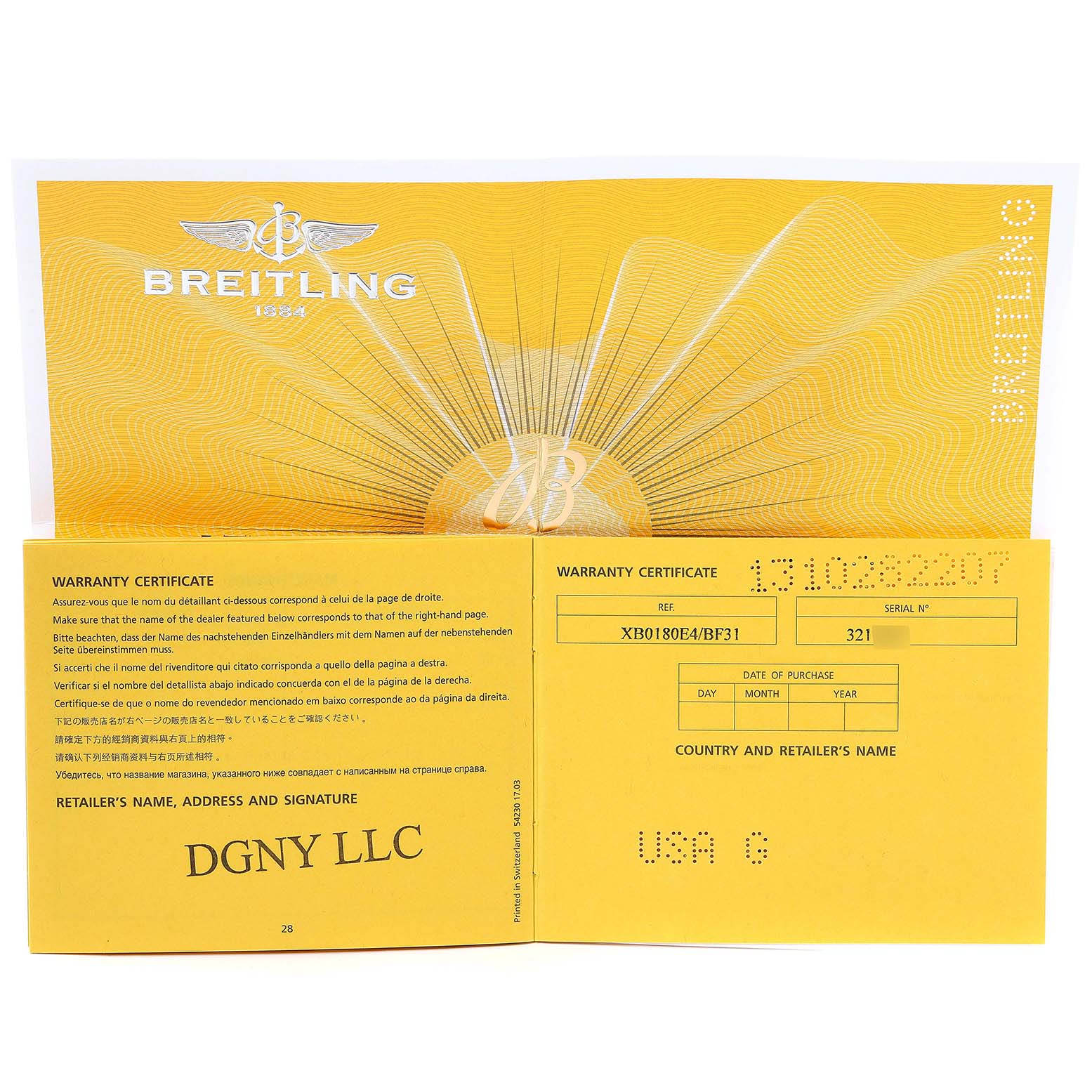 The image shows the warranty certificate for the Avenger model by Breitling, displayed open with dealer information.