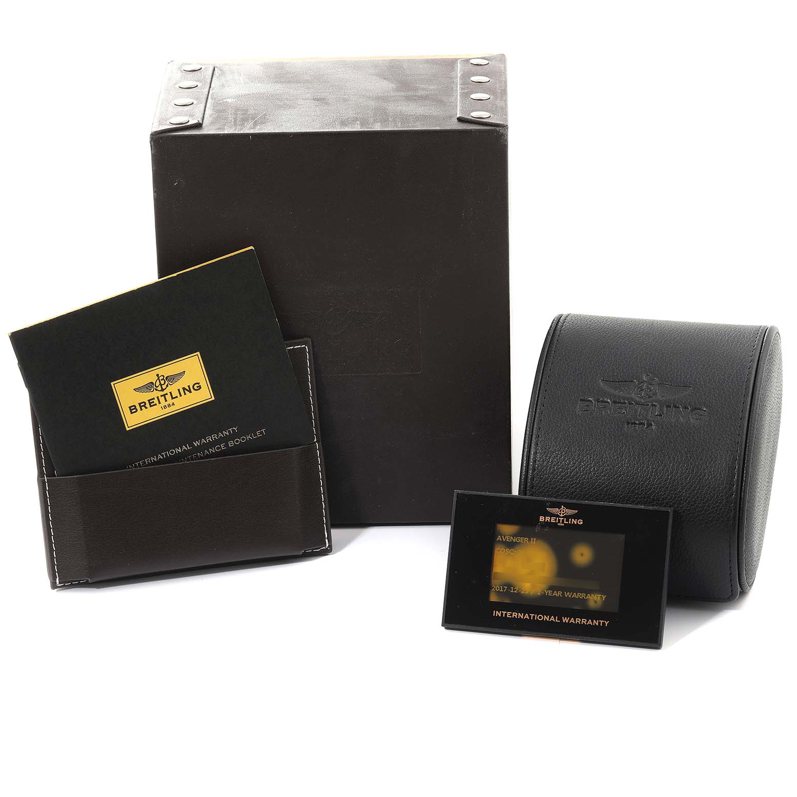 The image shows the packaging, warranty documents, and a watch case for a Breitling Avenger A13381 Men's Stainless Steel Mother of Pearl Dial A13381 Men's Stainless Steel Mother of Pearl Dial model.