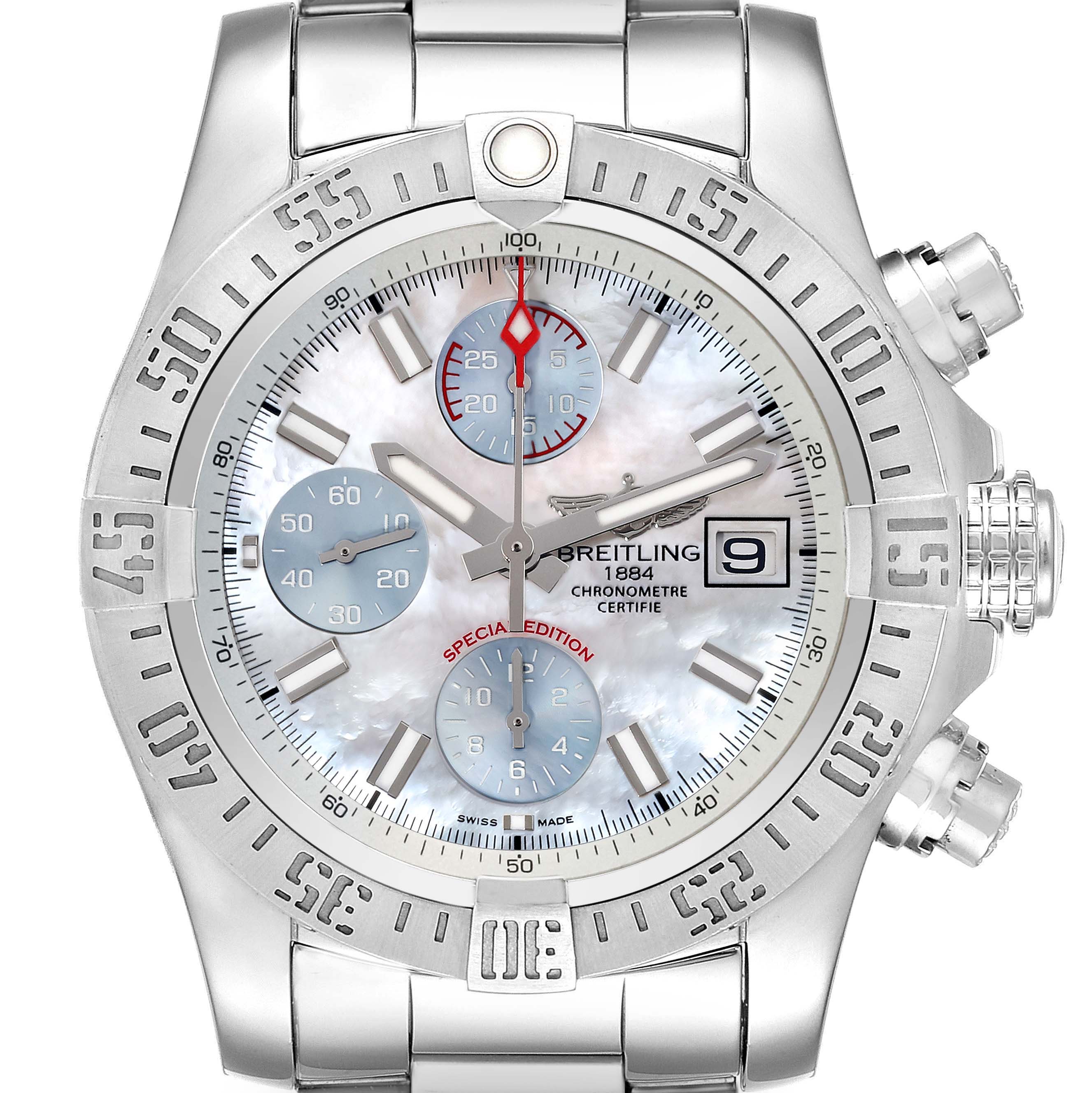 The Breitling Avenger A13381 Men's Stainless Steel Mother of Pearl Dial A13381 Men's Stainless Steel Mother of Pearl Dial watch is shown from the front, displaying the dial, bezel, chronograph subdials, and bracelet.