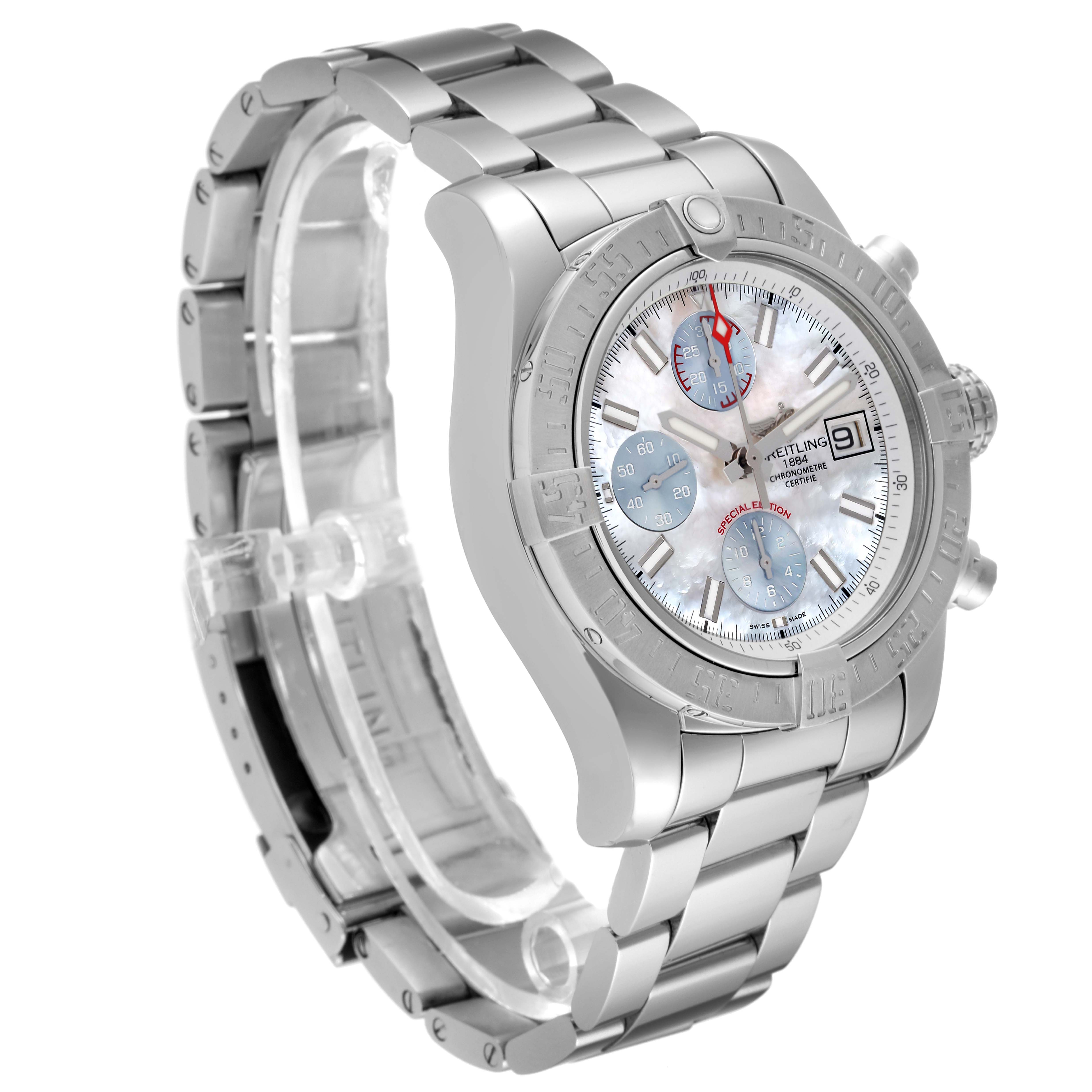 The image shows a side angle view of the Breitling Avenger A13381 Men's Stainless Steel Mother of Pearl Dial A13381 Men's Stainless Steel Mother of Pearl Dial watch, focusing on the bezel, dial, and metal bracelet.