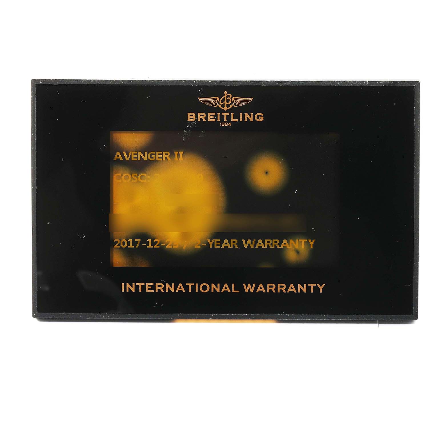 The image shows an international warranty card for the Breitling Avenger A13381 Men's Stainless Steel Mother of Pearl Dial A13381 Men's Stainless Steel Mother of Pearl Dial II watch, viewed from the front.